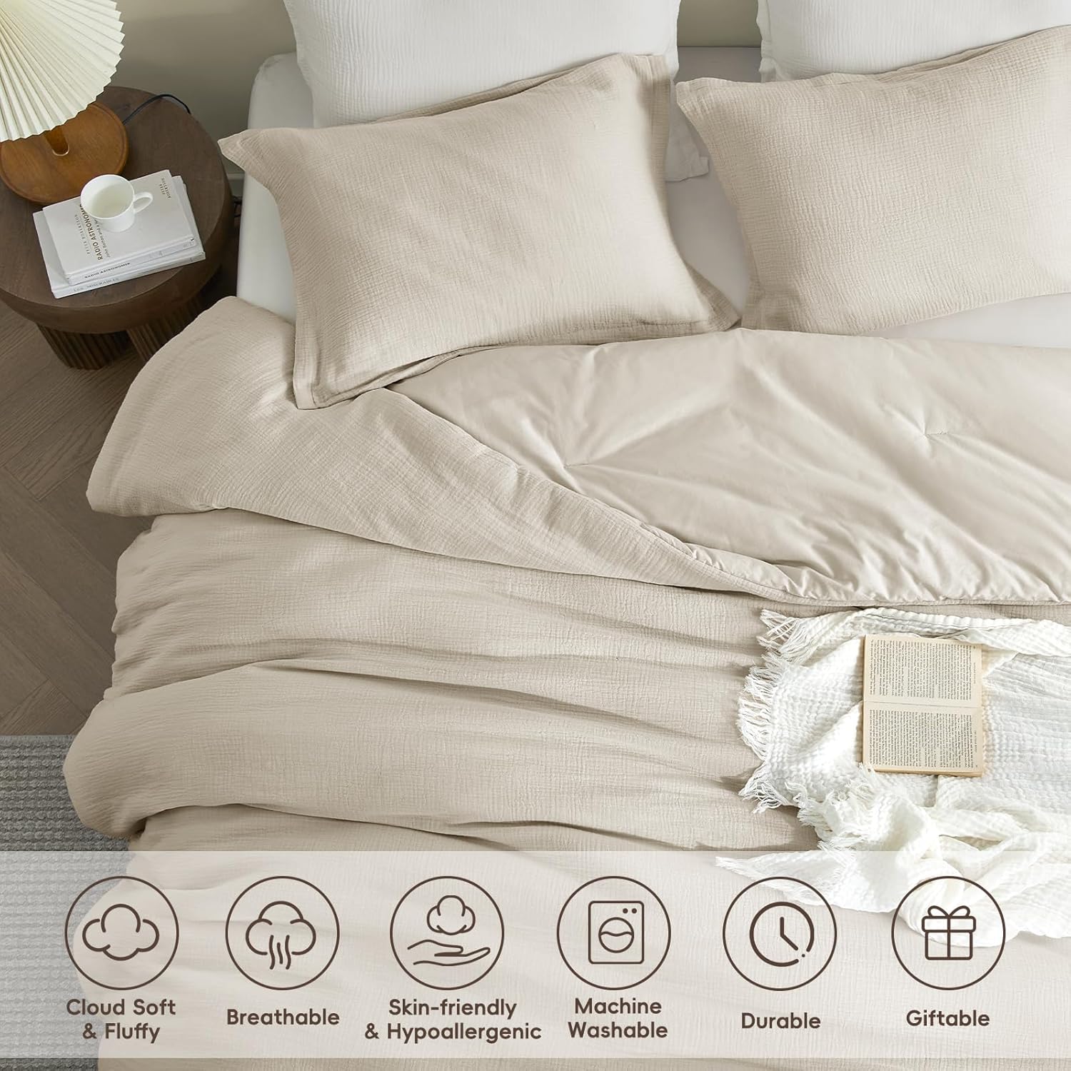 PHF Cotton Muslin Comforter Set Queen Size – Ultra Soft, Breathable & Lightweight Bedding Set for All Seasons, 3 Pieces - 1 Comfy Comforter 90"x90", 2 Pillow Shams 20"x26", Natural - Image 3