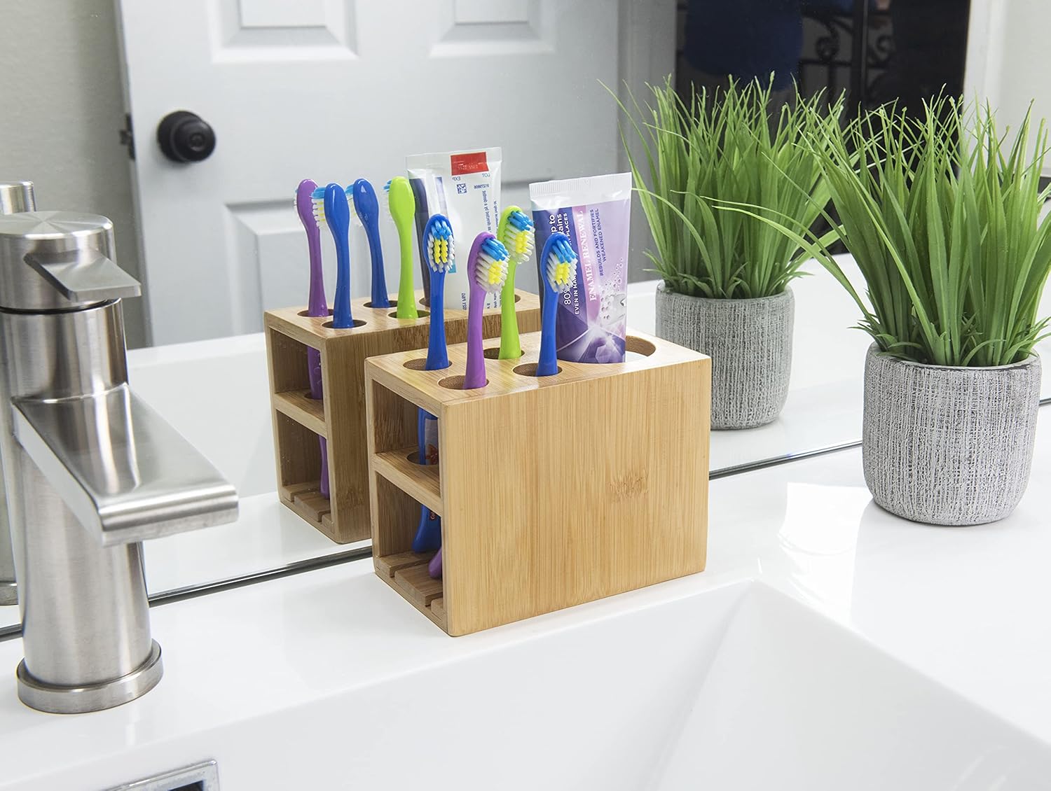 Toothbrush Holder, Stores 4 Toothbrushes and 1 Toothpaste, Made of 100% Sustainable Bamboo, Stylish Bathroom Organizer Accessory, Easy to Clean and Odor Resistant - Image 4
