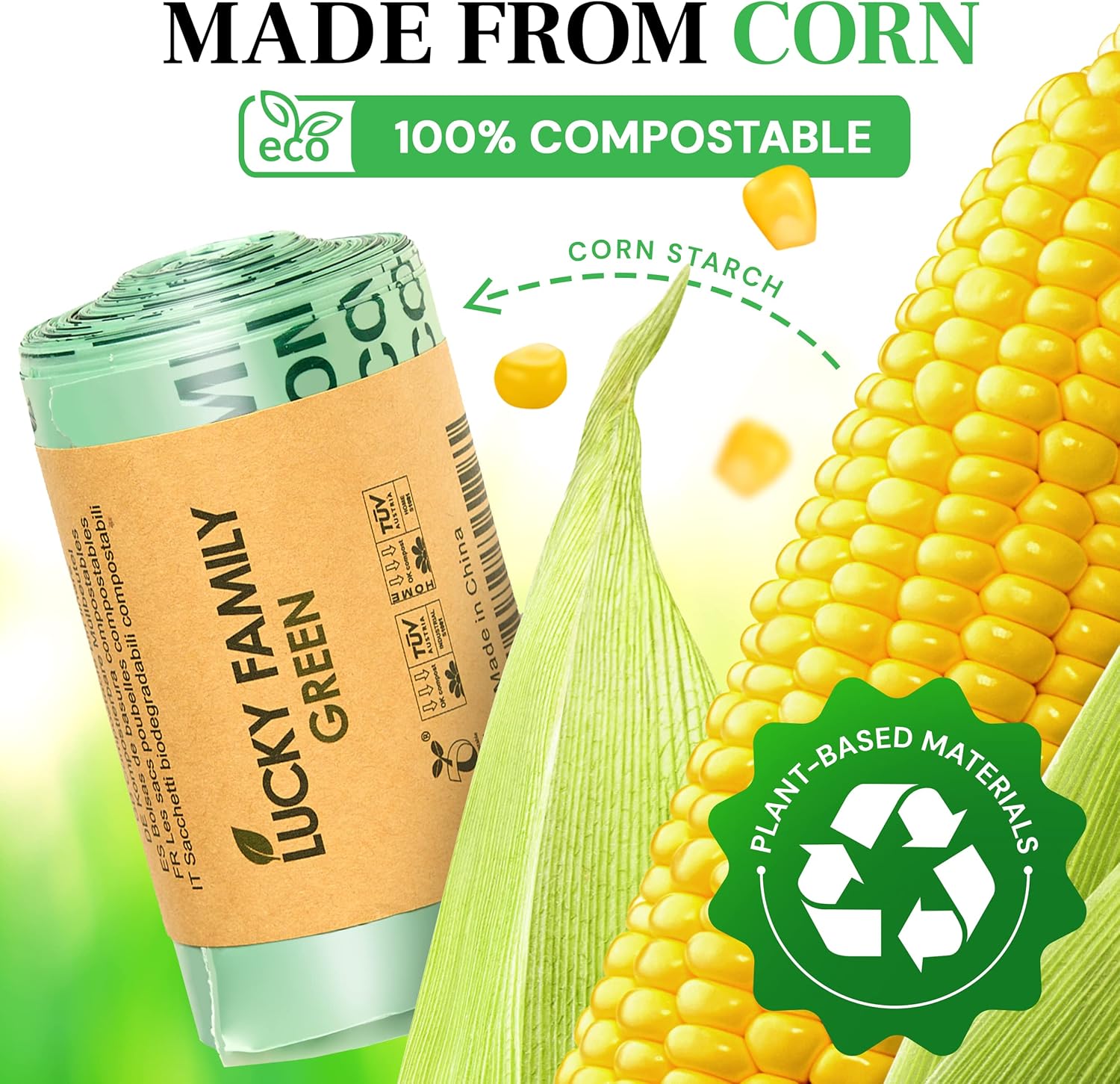 Lucky Family Green Compost Bags for Kitchen Countertop Bin -1.3 gallon trash bags to 1.6 Gallon trash bags - 100% Compostable Trash Bags for Food Waste, Organic Biodegradable Bags - Image 4