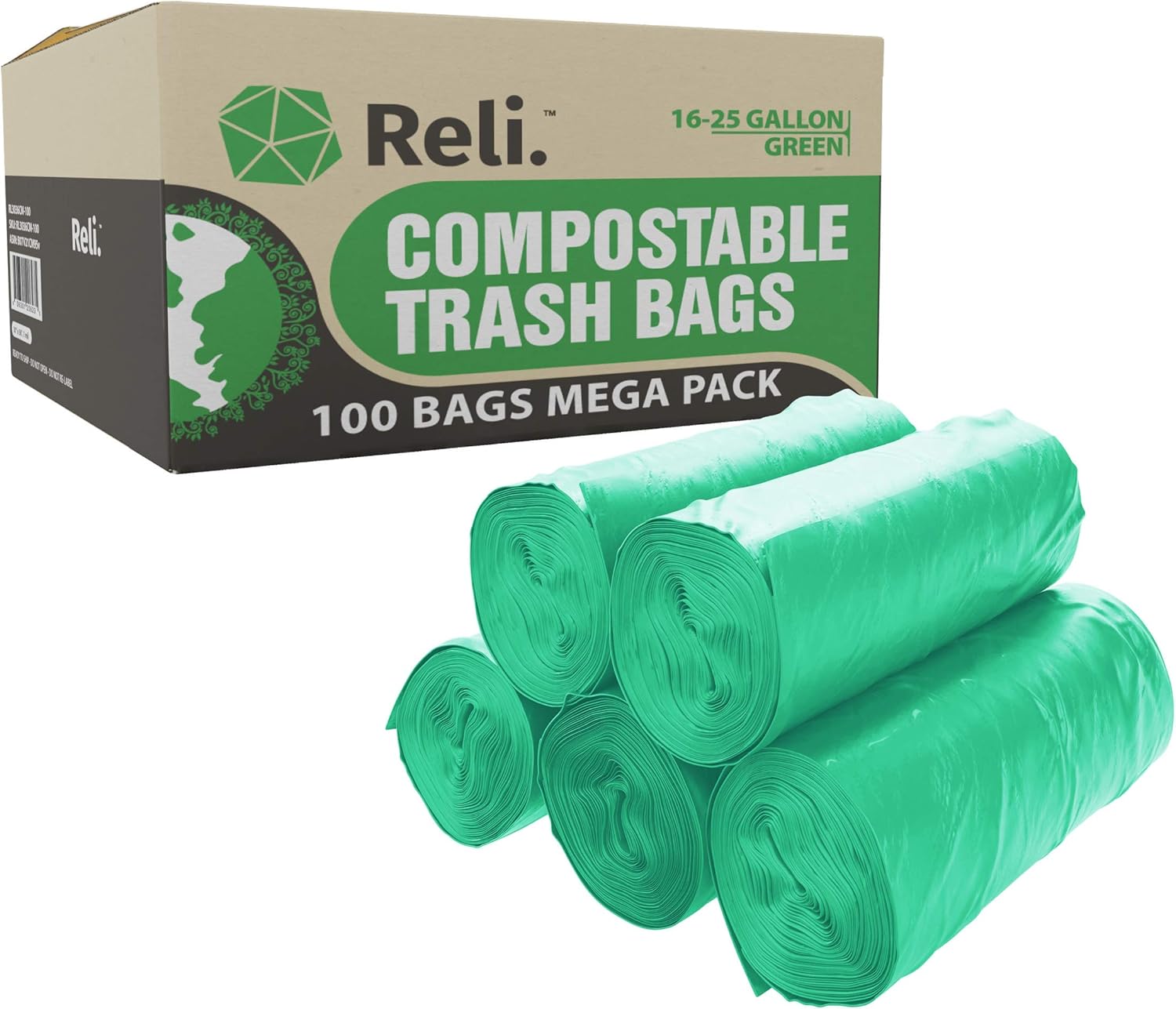 Reli. Compostable 16-25 Gallon Trash Bags | 100 Count Bulk | ASTM D6400 | Green | Eco-Friendly | For Compost - Image 2
