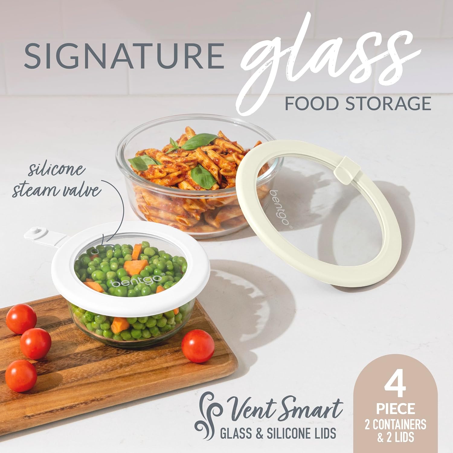 Bentgo Signature Leak-Proof Glass Food Storage - 4-Piece Set, 1-Compartment Plastic-Free Containers with Airtight Glass Lids, BPA-Free, Microwave, Freezer, Oven & Dishwasher Safe (White Stone) - Image 3