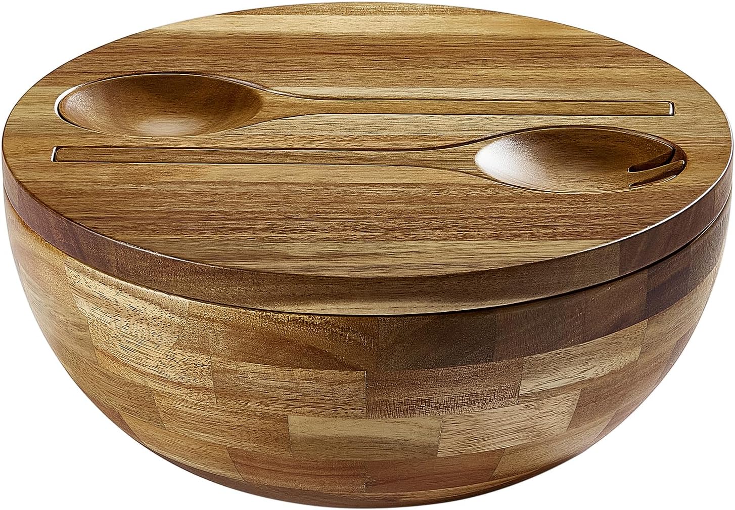 JOYMAY Salad Bowls Wood Salad Bowl Set with Lid Acacia Wood Serving Bowl for Fruits or Salads 10.5" Large Serving Bowl with Serving Utensils, 4 Piece Wooden Mixing Bowl Set for Kitchen, Picnic - Image 8