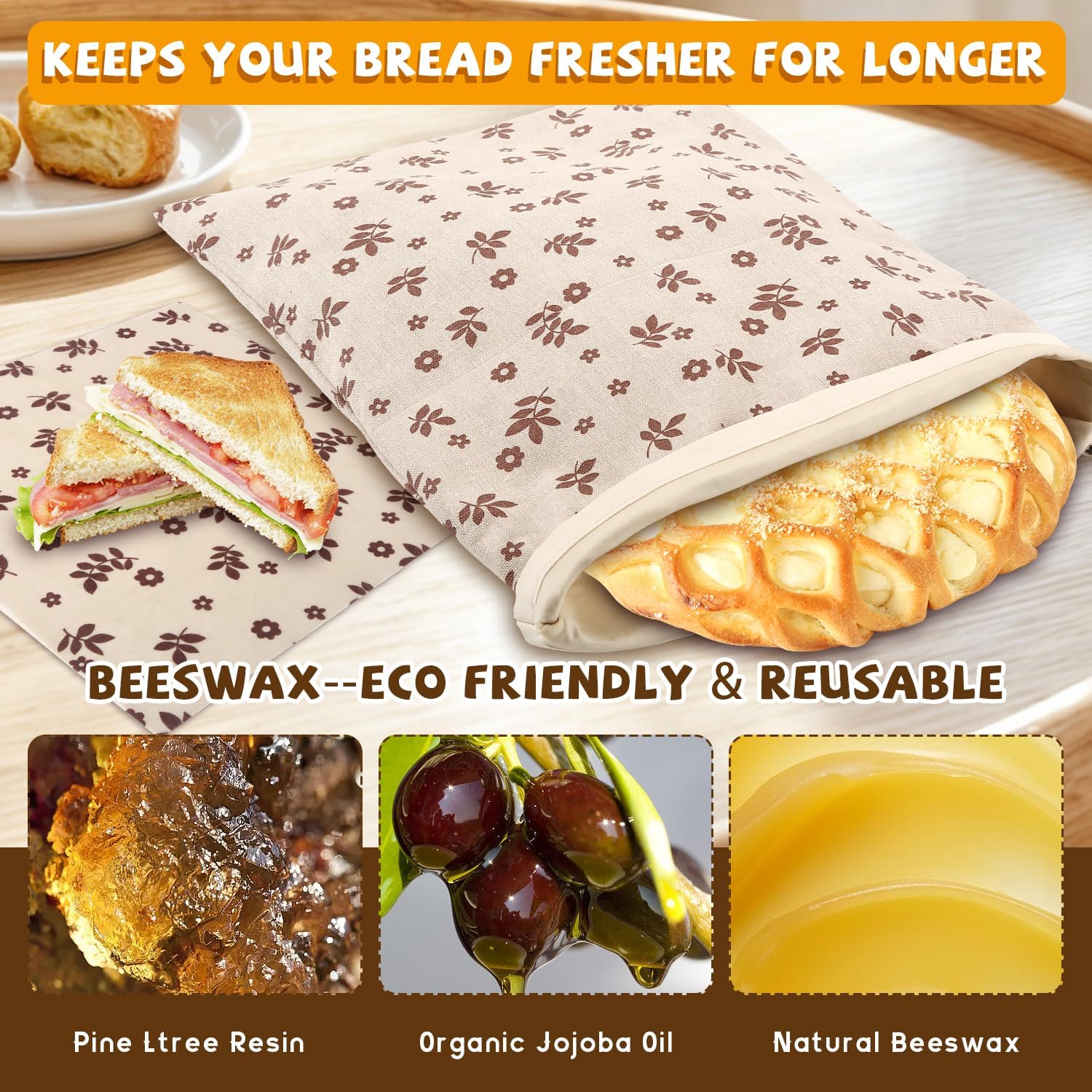 Reusable Beeswax Bread Bags&Beeswax Wraps for Food, Organic Bread bags Reusable to Keep Fresh,Sustainable, Biodegradable Homemade Washable Food Wraps, Must-Have Baking Accessories - Image 3