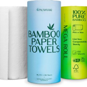 100% Bamboo Paper Towels | Lint-Free, Eco-Friendly, Tree-Free | 2-Ply Kitchen Paper Towel | Food Grade – FSC-Certified, BPA/PFAS-Free | 3 Mega Rolls – 150 Sheets/Roll | PALM NAKI