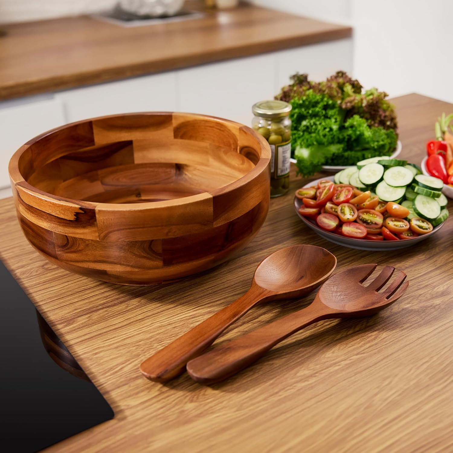 12" Salad Bowl Set with 2 Wooden Hands - Large Acacia Wood Serving Bowl with Serving Utensils - Big Mixing Bowl for Fruits, Salad,Pasta for Kitchen Counter (12" Diameter x 4.5" Height) - Image 7