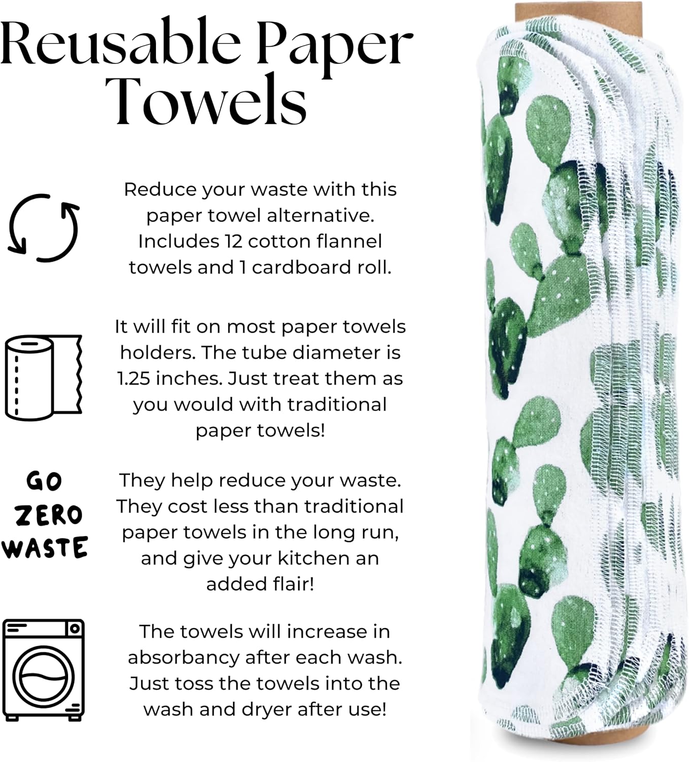 The Useless Brand Reusable Paper Towels Roll | 12 Eco Friendly Washable Cotton Flannel Towels w/Cardboard Roll | Zero Waste & Sustainable | Fits on All Holders (Cactus, 12 Towels) - Image 3