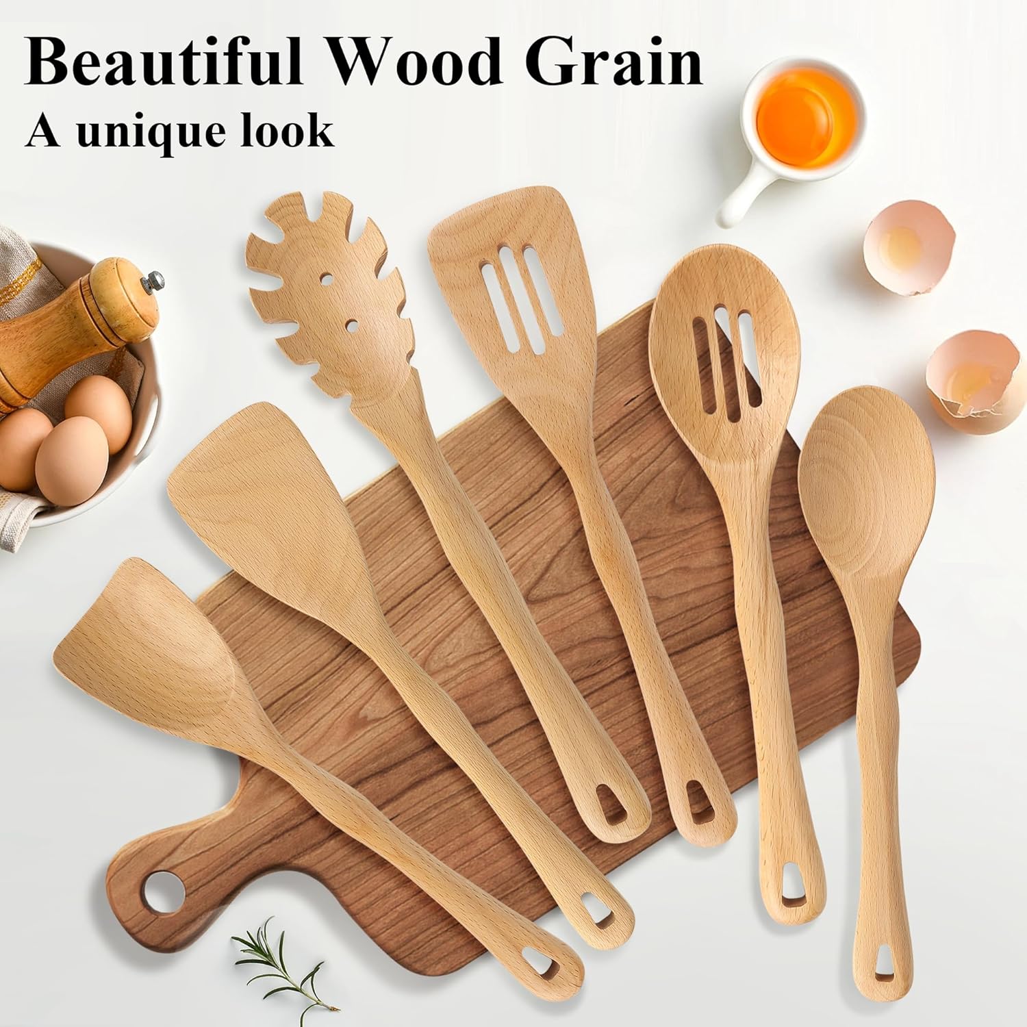 Wooden Spatula Set, 6 Pack Kitchen Wood Slotted Spoon Spatulas Turner Utensils for Cooking, Non Toxic Solid Wooden Spatulas Natural Wood Serving Spoons Spaghetti Utensil Set for Nonstick Cookware - Image 3