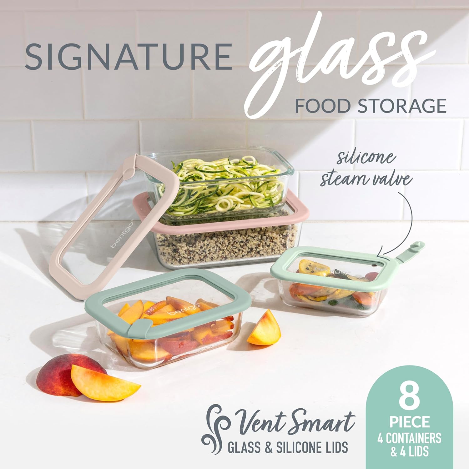 Bentgo Signature Leak-Proof Glass Food Storage - 8-Piece Set, 1-Compartment Plastic-Free Containers with Airtight Glass Lids, BPA-Free, Microwave, Freezer, Oven & Dishwasher Safe (Desert Sage) - Image 3