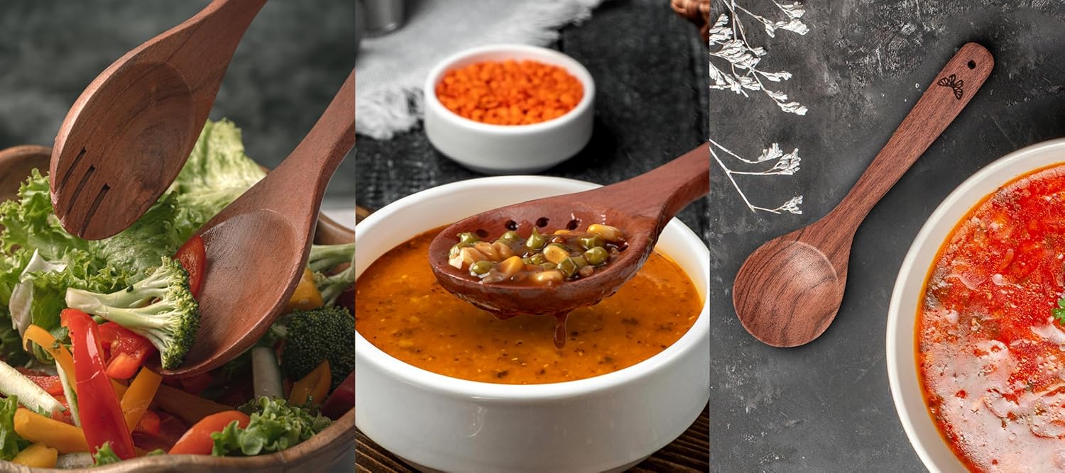 Wooden Kitchen Cooking Utensils Set | 9 Piece Spatula Set with Spoon Rest, Holder & 7 Hooks | Acacia Wood Non Toxic Serving Spoons - Image 8