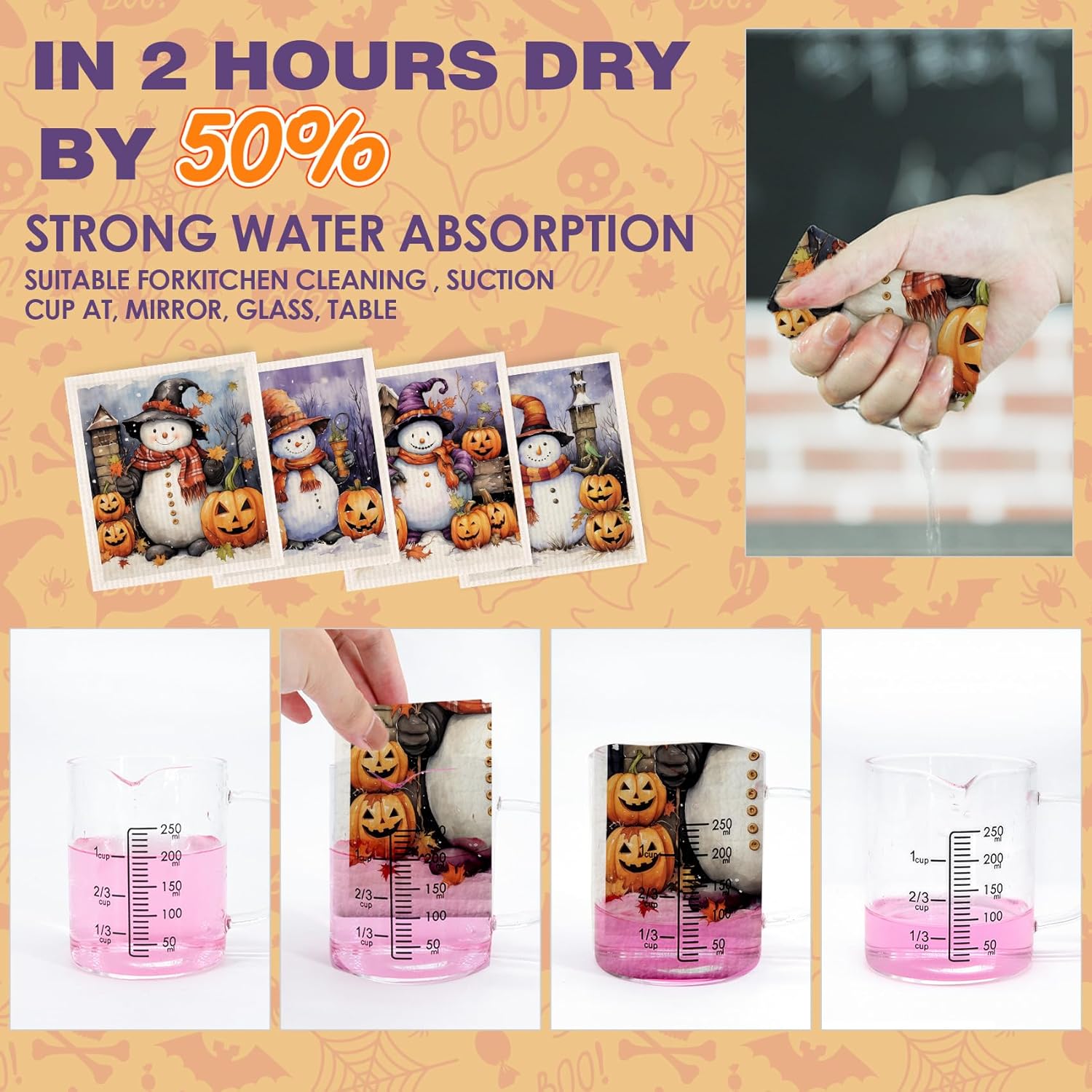 Morigins Halloween Snowman Swedish Dishcloths Reusable Sustainable Biodegradable Cellulose Sponge Cleaning Cloths for Kitchen Dish Rags Paper Towel Replacement - Image 3