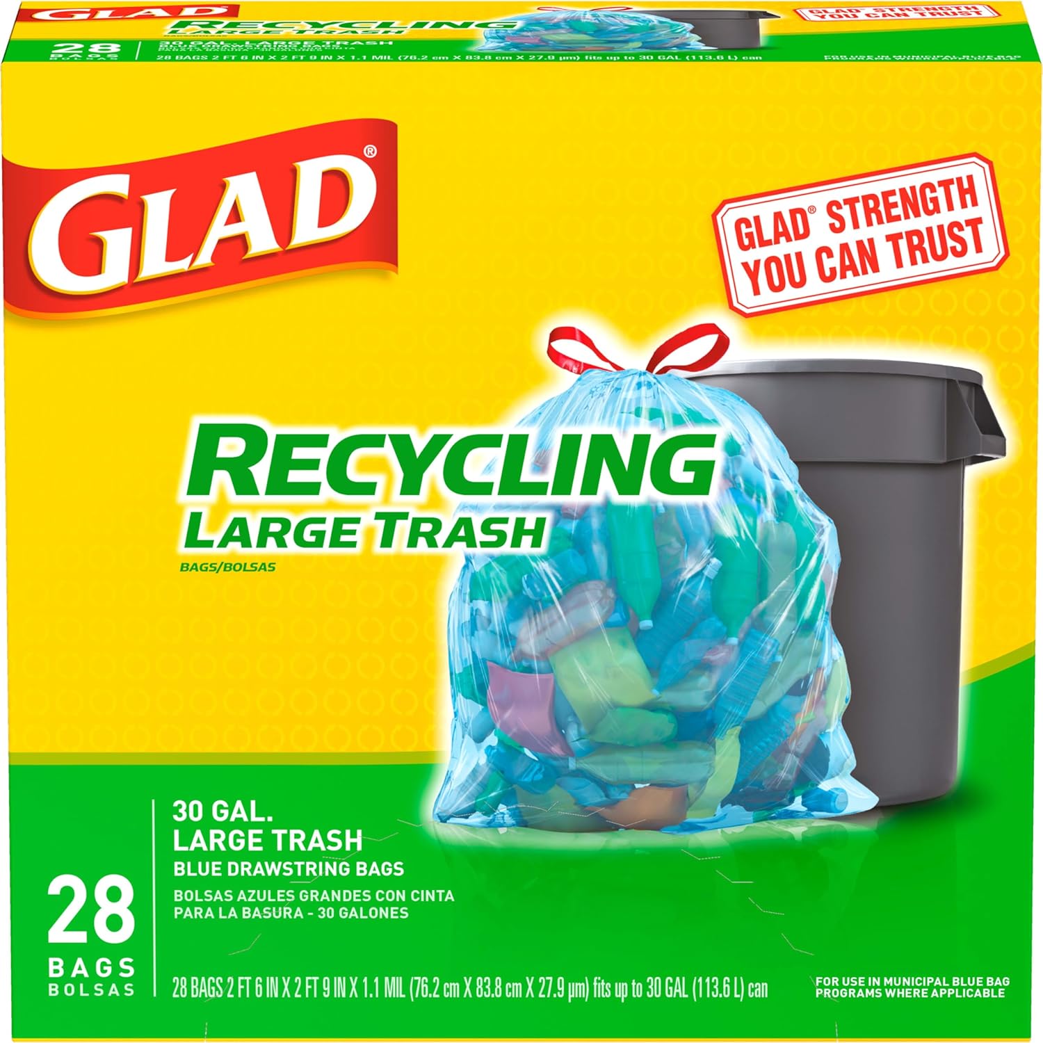 Glad Trash Bags, Large Drawstring Garbage Bags, 30 Gallon Blue Trash Bags for Large Kitchen Trash Can or Recycling, 28 Count - Packaging May Vary - Image 2
