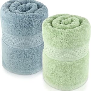 Cleanbear 100% Cotton Bath Towels 2 Pack Shower Towels with 2 Colors Ultra Soft for Daily Use 500 GSM Medium Weight 55 by 27 1/2 Inches Large Bathroom Towel Set (Light-Gray & Light-Green)