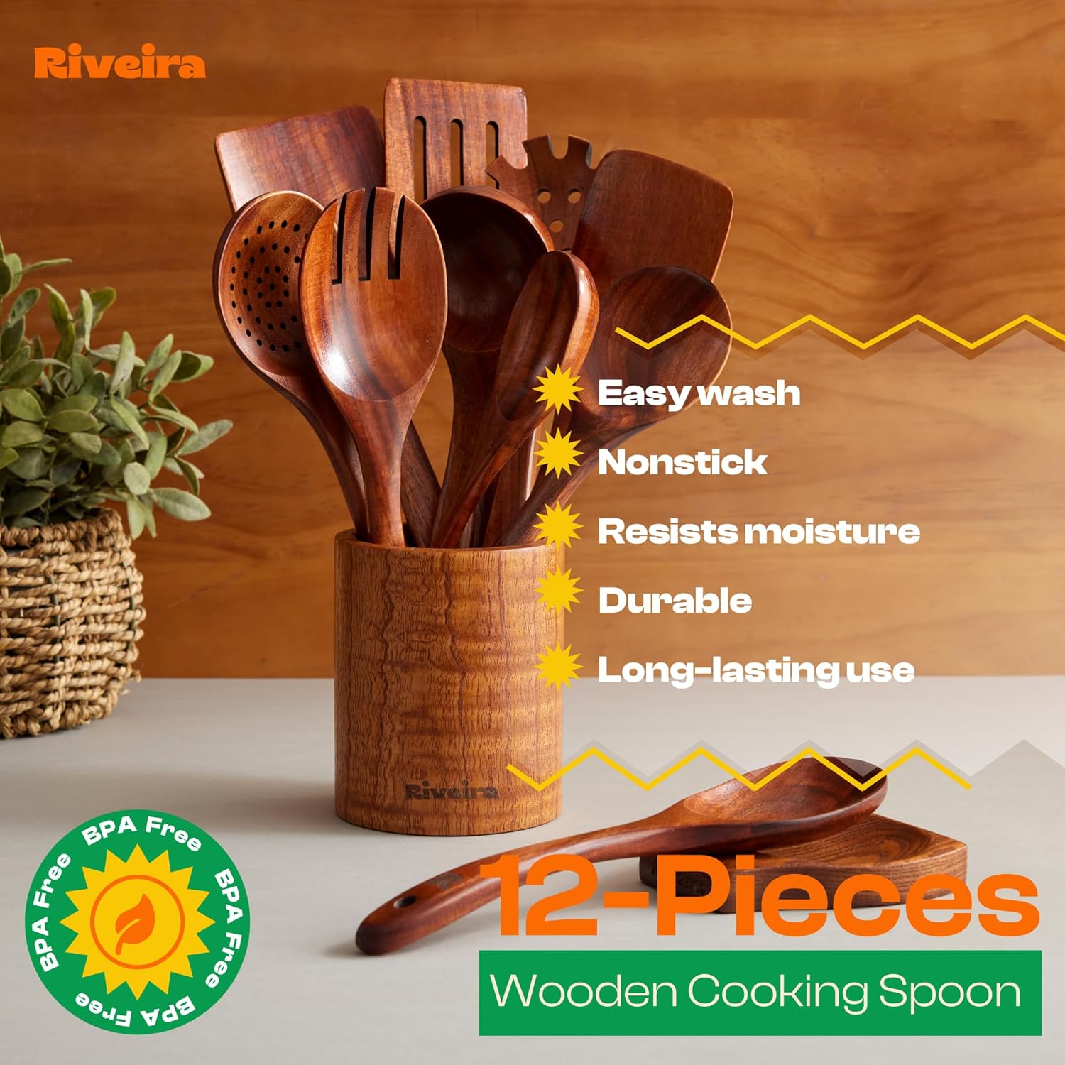 Riveira Dark Teak Kitchen Utensils Set - 12-Piece Non-Toxic Cooking Utensils Set - Wooden Spoons for Cooking - Spatula for Cooking - Teak Wooden Utensils - Image 6