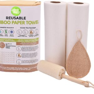 Bamboo Rayon Paper Towels | Washable Reusable Paper Towels, 2 Rolls,(40 Sheets)1 Year Supply & Loofah Sponge & Dish Scrub Brush | Eco Friendly Paper Towel Alternative | Zero Waste Gift Set