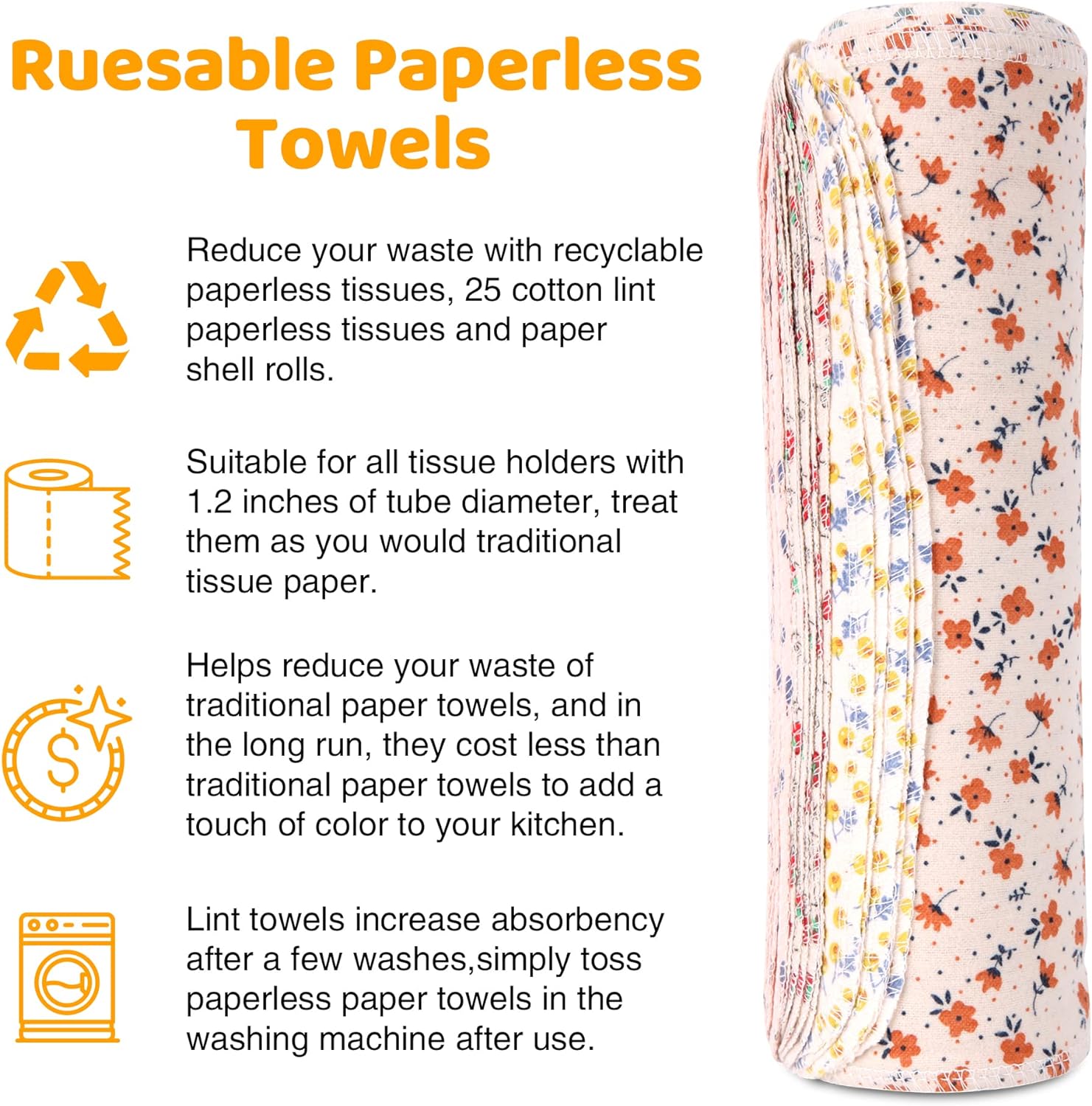 Reusable Paper Towels Roll, 25 Packs Washable Cotton Flannel Paper Towels, w/Cardboard Roll, 10 X 10in Super Soft, Absorbent, Fits on All Holders Kitchen Cloths Paper Towels - Image 3