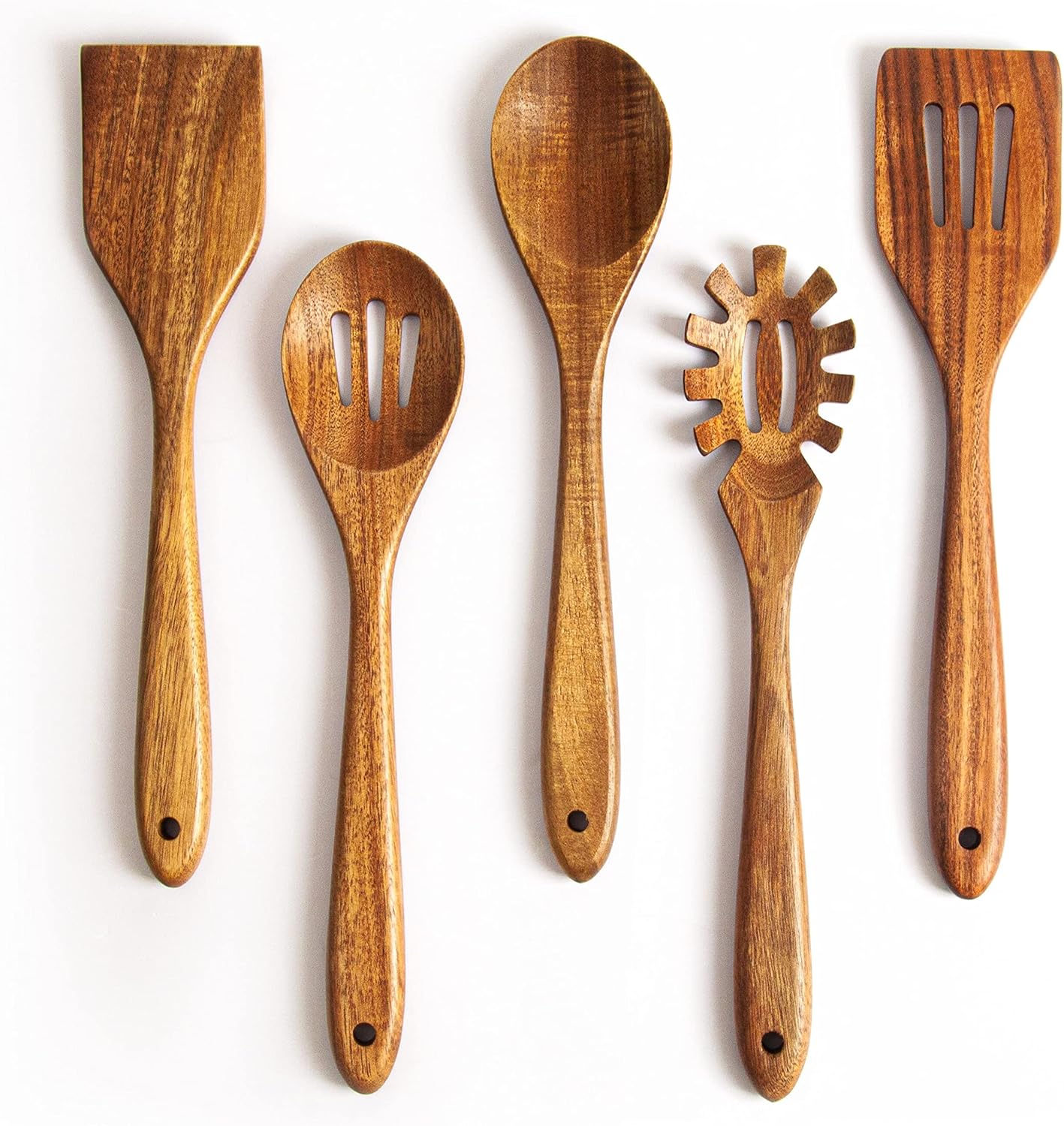 Acacia Wooden Spoons for Cooking: 5-Piece Kitchen & Cooking Utensils Set - Wooden Spatula, Slotted & Pasta Spoon - Essential Wooden Utensil Set - Image 2
