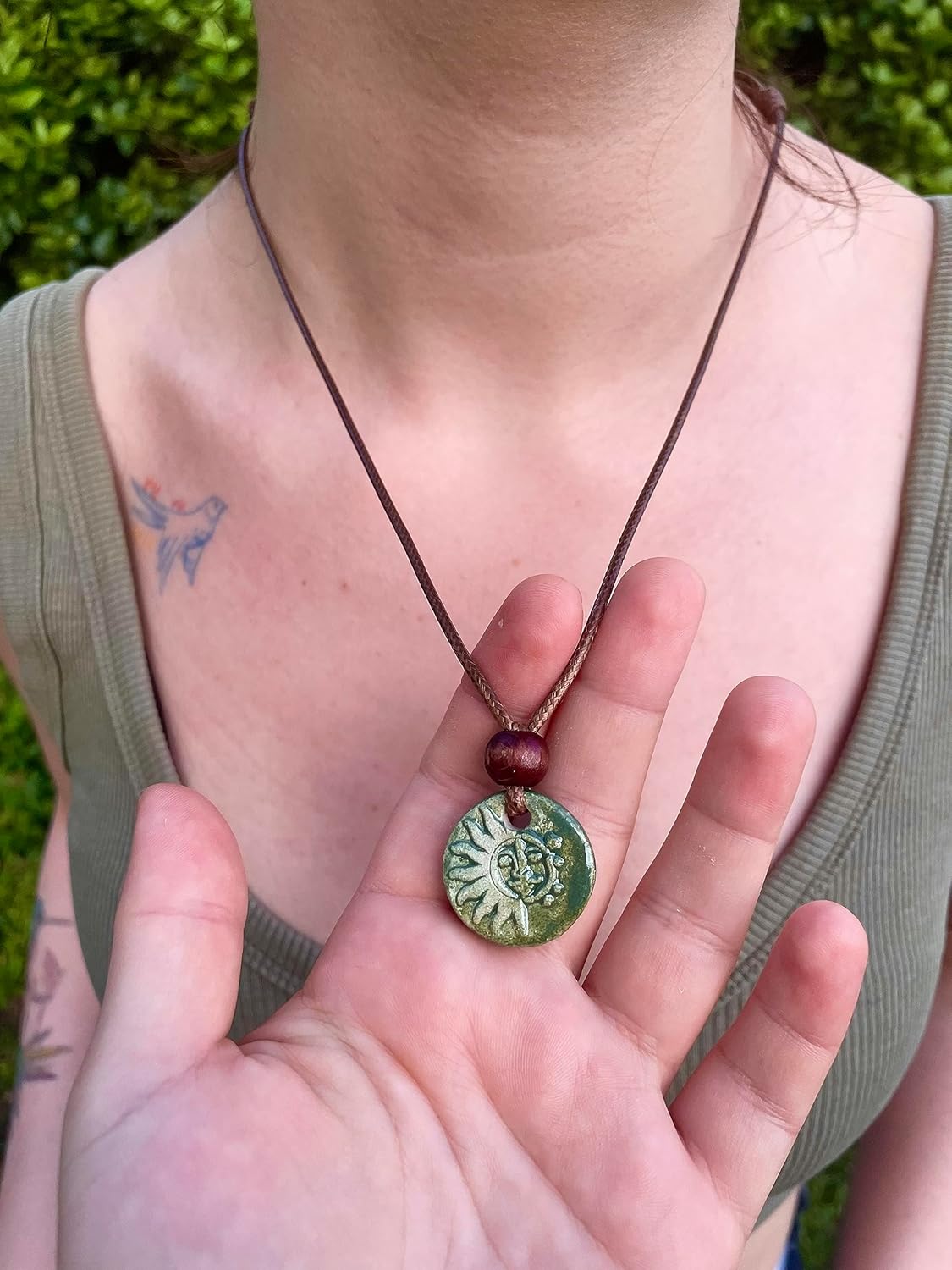 The Sun and the Moon - Green Handmade Ceramic Pendant Necklace, Adjustable Cord, for Unisex, Women, Men, Bohemian, Rustic, Vintage Style Jewelry - Image 6