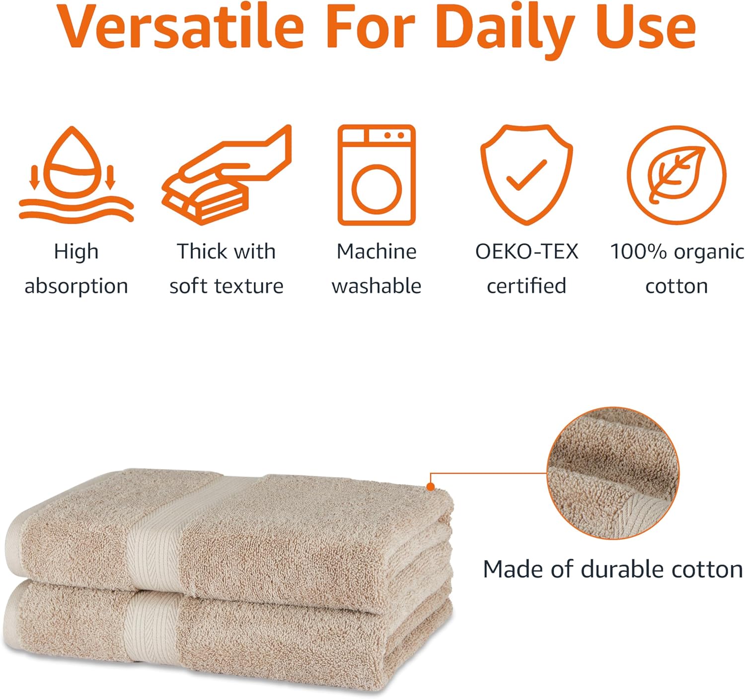 Amazon Basics Fade-Resistant 100% Cotton Bath Towel, 2 Pack, 30"x54", Taupe - Image 2