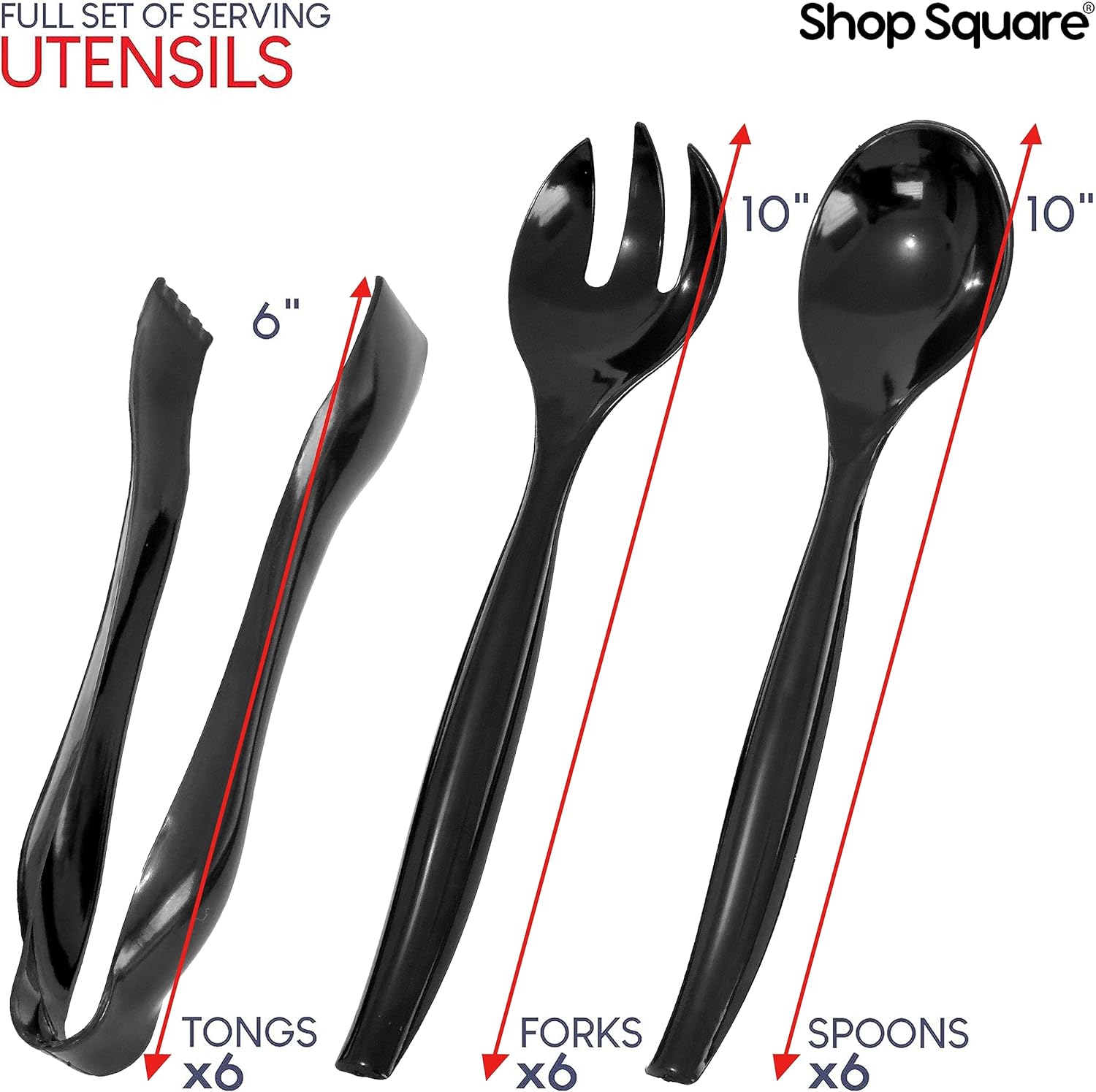 Disposable Plastic Serving Utensils - Set of 18 Black Plastic Utensils, 6 Each 6" Serving Tongs, 10” Serving Spoons, 10” Serving Forks, Buffet Serving Utensils, Party Utensils - Image 3