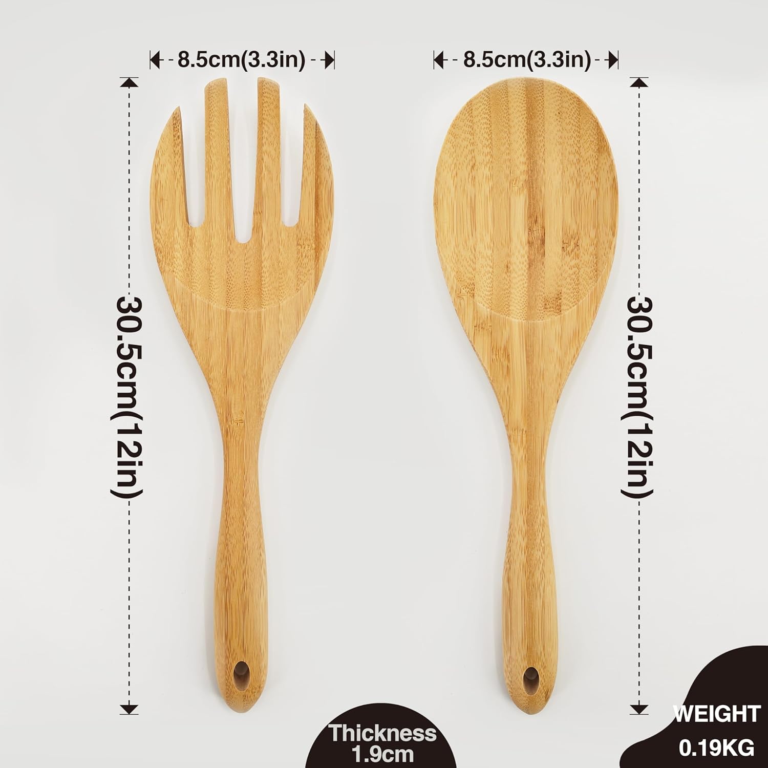 Youkoo 12 Inch Bamboo Wood Salad Servers, Cooking Utensils - Spoon and Fork - Image 3