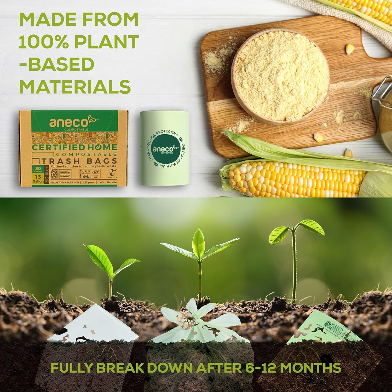 ANECO Compostable Food Waste Bags 13 Gallon, 50 Count, Extra Thick Kitchen Compost Bags With Handles, Large Compostable Bags for Tall Kitchen Bin - Image 3