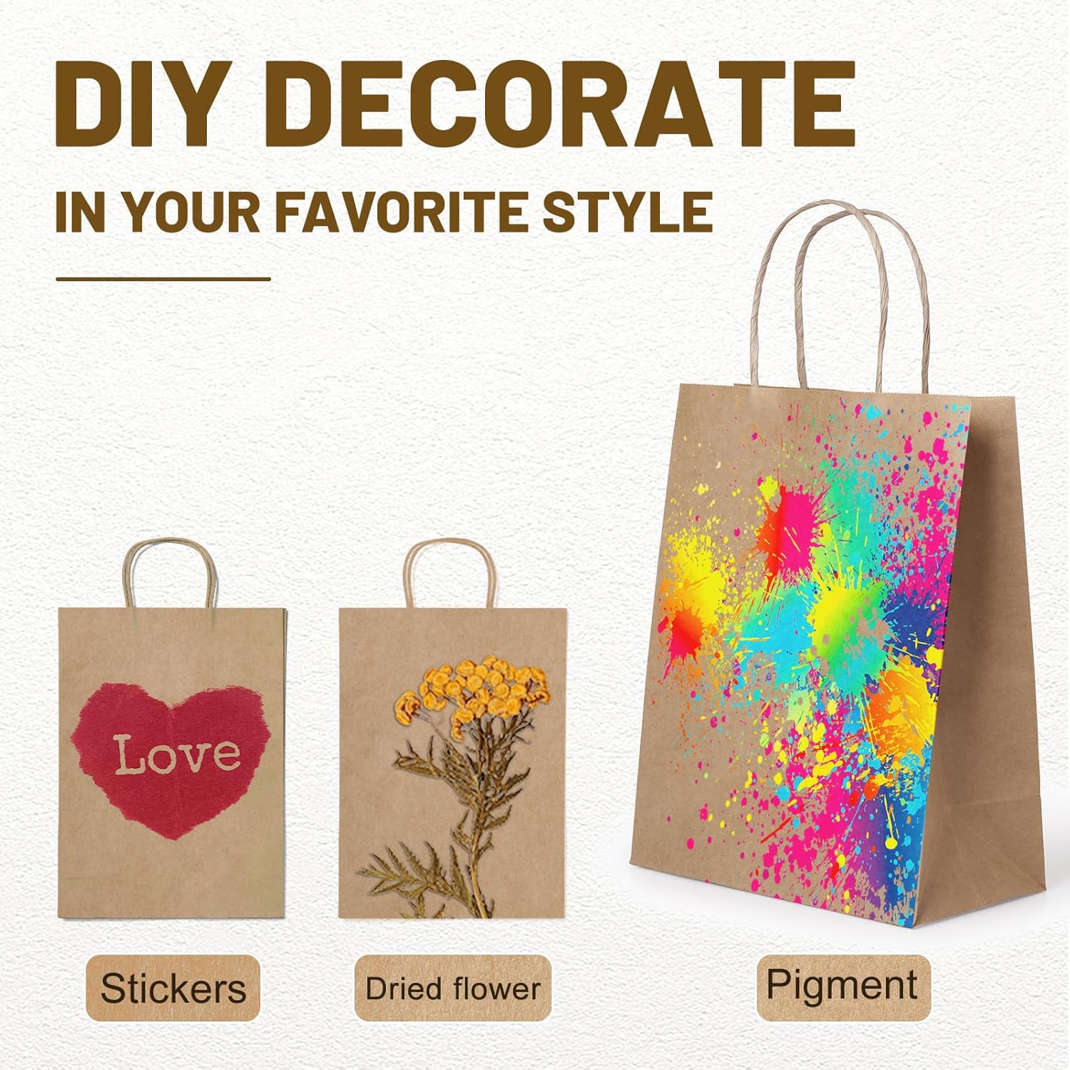 Gift Bags 8.25"X5.9 "X3.15" 100pcs Brown Kraft Paper Bag with Handles for Small Business Christmas Bulk, Wedding, Party Favor, Shopping, Lunch, Halloween Trick-or-Treat Bags - Image 7