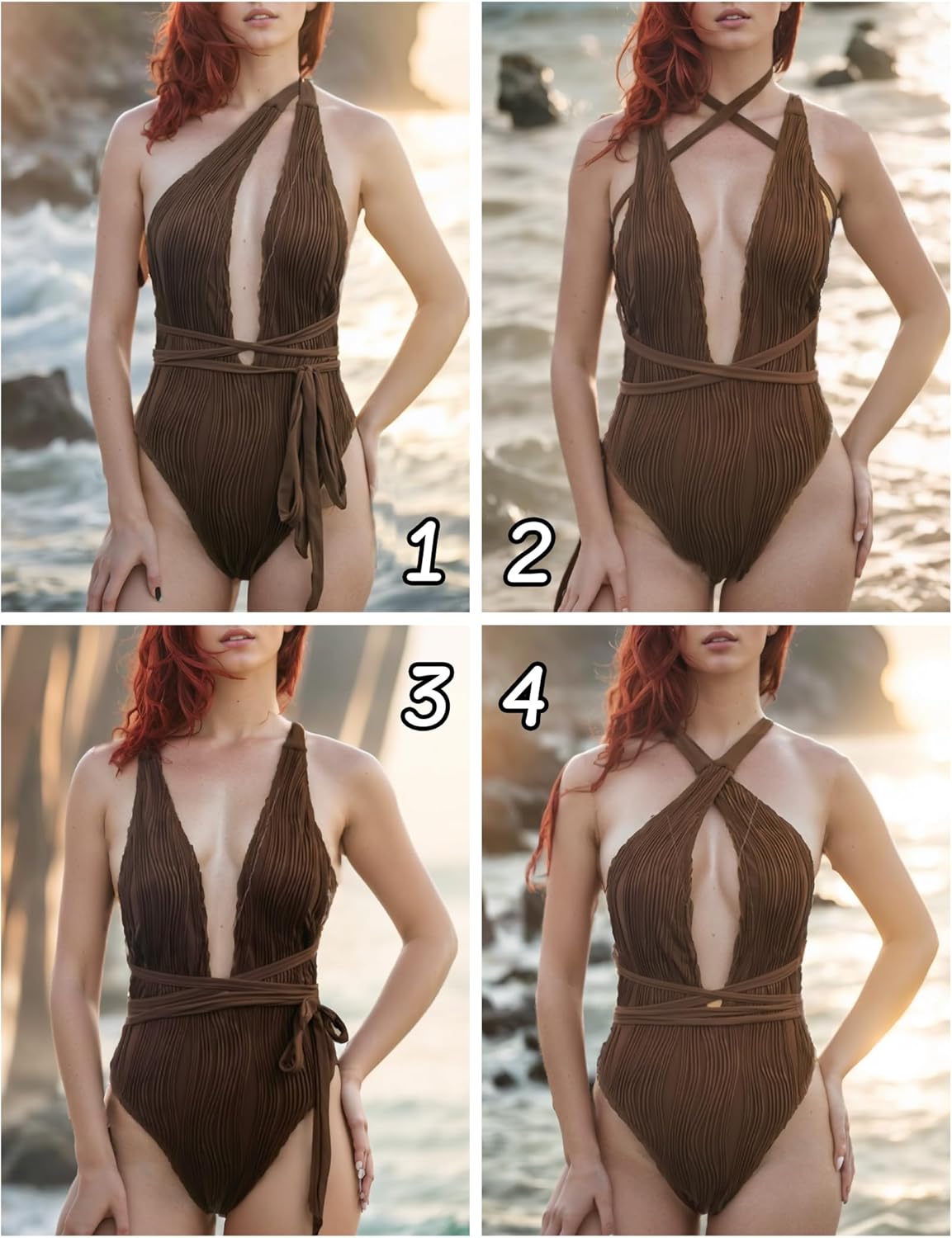 ZAFUL Women's One Piece Swimsuit Deep V Neck Ribbed Self Tie Sexy High Cut Bathing Suit Crisscross Back Swimwear - Image 6