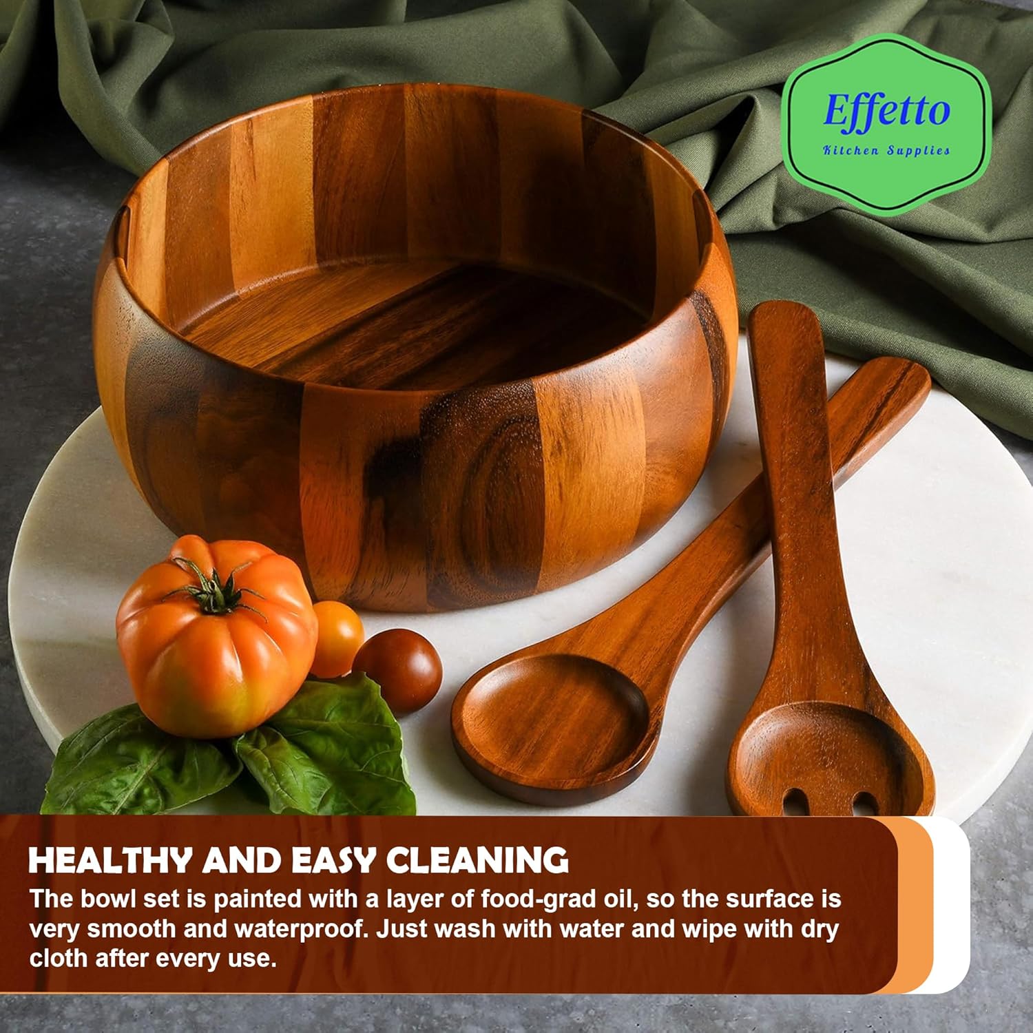 Effetto Acacia 3-Piece Wooden Salad Bowl Set | Large Serving Bowl with Salad Spoon and Fork Serving Utensils | Food Safe & Sustainable Big Mixing Bowl for Fruits, Salad, Cereal, Soup and More - Image 8