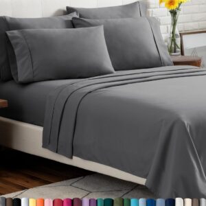 Bare Home Hotel Luxury Queen Sheet Set, Extra Soft – 6 Piece Set – Deep Pockets – Easy Fit – Cooling & Breathable – Wrinkle, Fade, Stain Resistant – Includes 4 Pillowcases (Queen, Grey)