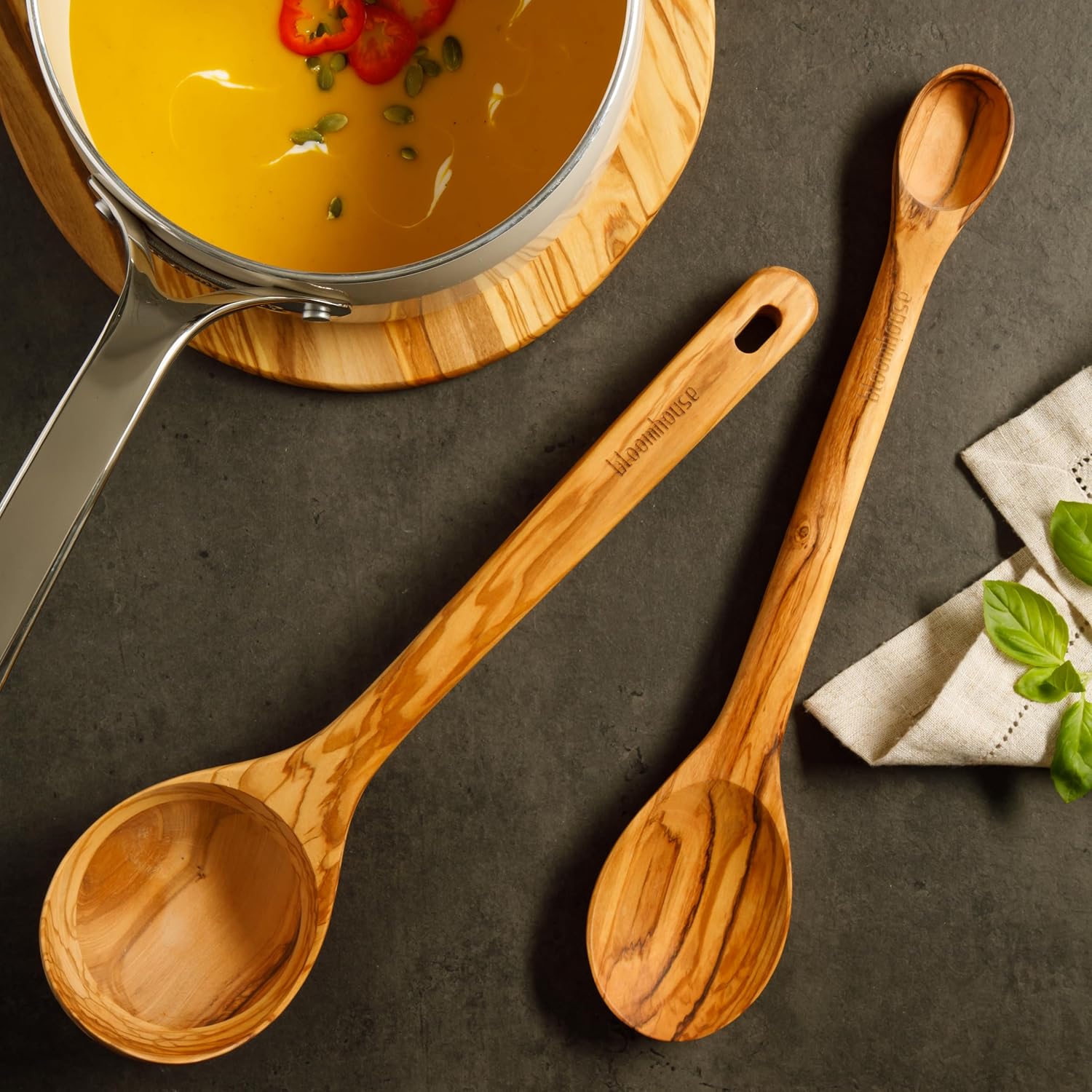 Bloomhouse Italian Olive Wood 2 Piece Extra-Large 14 Inch Ladle and Tasting Spoon Set - Image 3