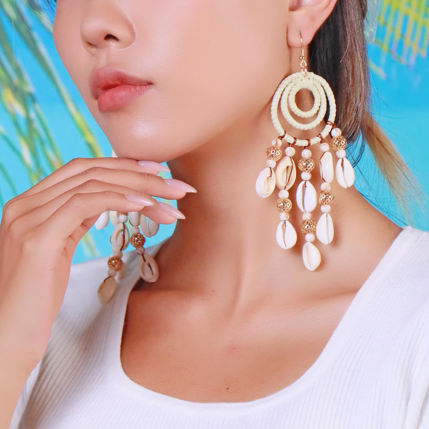 BOCAR Statement Boho Rattan Shell Dangle Earrings for Women Handmade Summer Vocation Beach Tropical Accessories Jewelry Gift (ER-1013-Beige) - Image 4