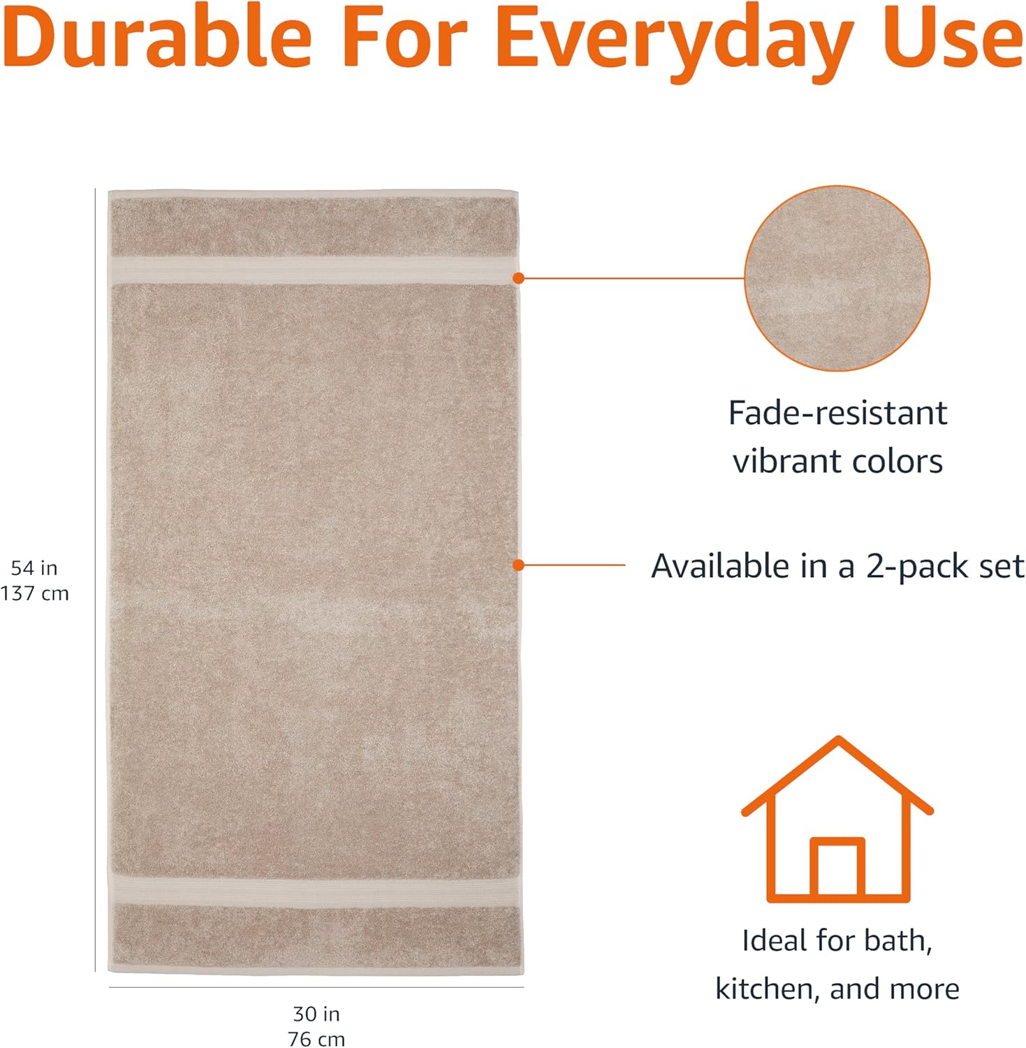Amazon Basics Fade-Resistant 100% Cotton Bath Towel, 2 Pack, 30"x54", Taupe - Image 3