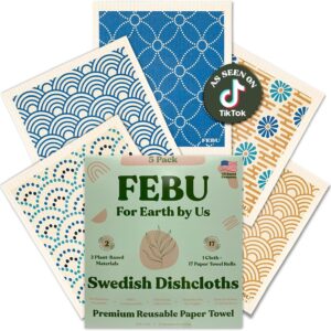FEBU Swedish Dishcloths for Kitchen | 5 Pack Japanese Reusable Paper Towels Washable | Swedish Dish Towels | Non-Scratch Cellulose Sponge Cloths | No Odor, Biodegradable Cleaning Cloths