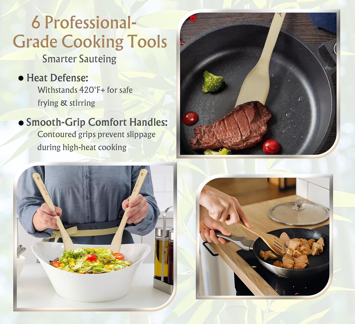 14-Piece Bamboo Wooden Kitchen Utensil Set - 6 Non-Scratch Heat-Resistant Cooking Tools with Storage Holes + 8 Small Spoons for Coffee, Tea, Eco-Friendly Sustainable Kitchen Gift Set - Image 4