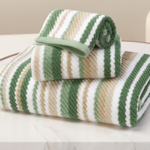 Green Striped Towels – 100% Cotton, Quick Dry, Soft & Absorbent, 3PC Luxury Towels Set (Bath 28″x52″, Hand 16″x27″, Wash Cloth 13″x13″), Stripe Shower Towel with Hanging Loop, Sage and Beige