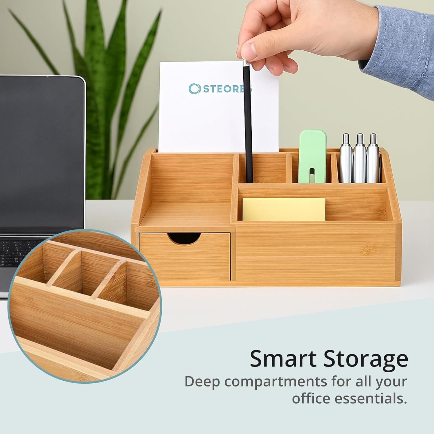 FLYGRUBS Thingles Bamboo Desk Organizer, Wood Pen Holder with Drawer, Storage Box, Pencil Box, Desk Tray for Office, Home Office - Wood Desk Organizer - Image 7
