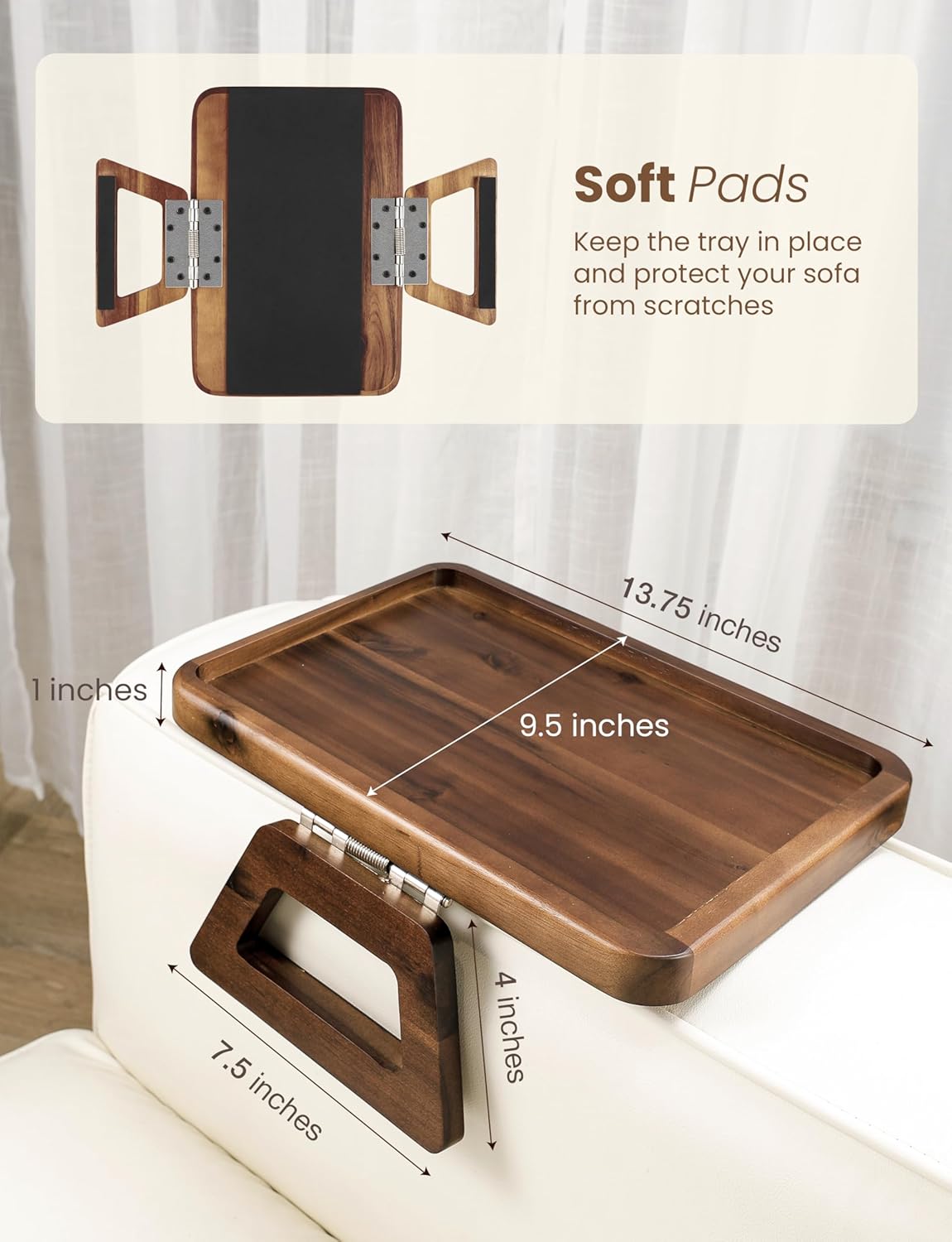 Tinamo Acacia Sofa Arm Tray, Rectangle Couch Armrest Table - Couch Accessories, Armchair Caddy, Clip on Tray for Home Sofa Living Room, Sofa Arm Table (Walnut, 13.75" D x 9.5" W x 1" H) - Image 3