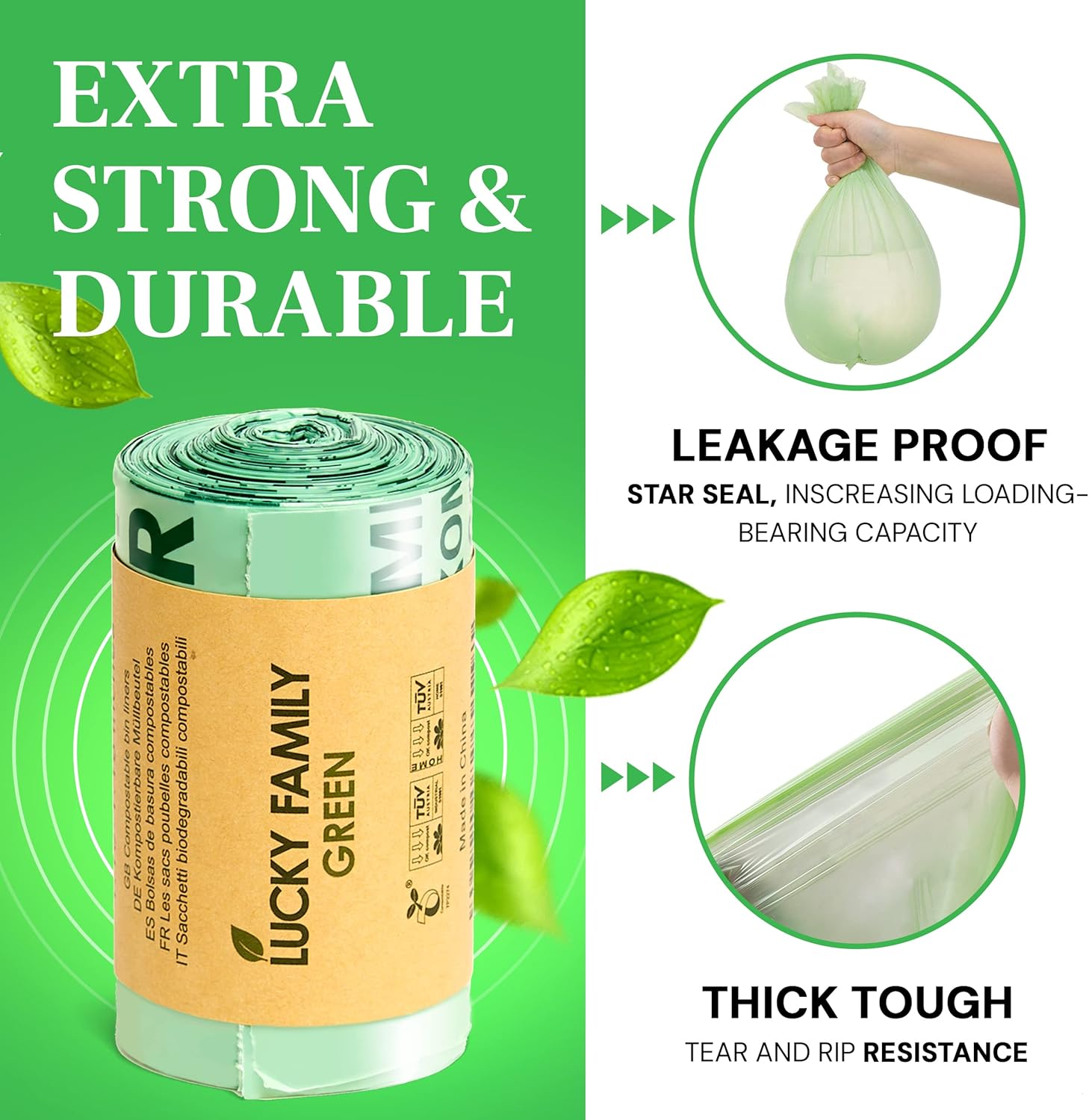 Lucky Family Green Compost Bags for Kitchen Countertop Bin -1.3 gallon trash bags to 1.6 Gallon trash bags - 100% Compostable Trash Bags for Food Waste, Organic Biodegradable Bags - Image 3