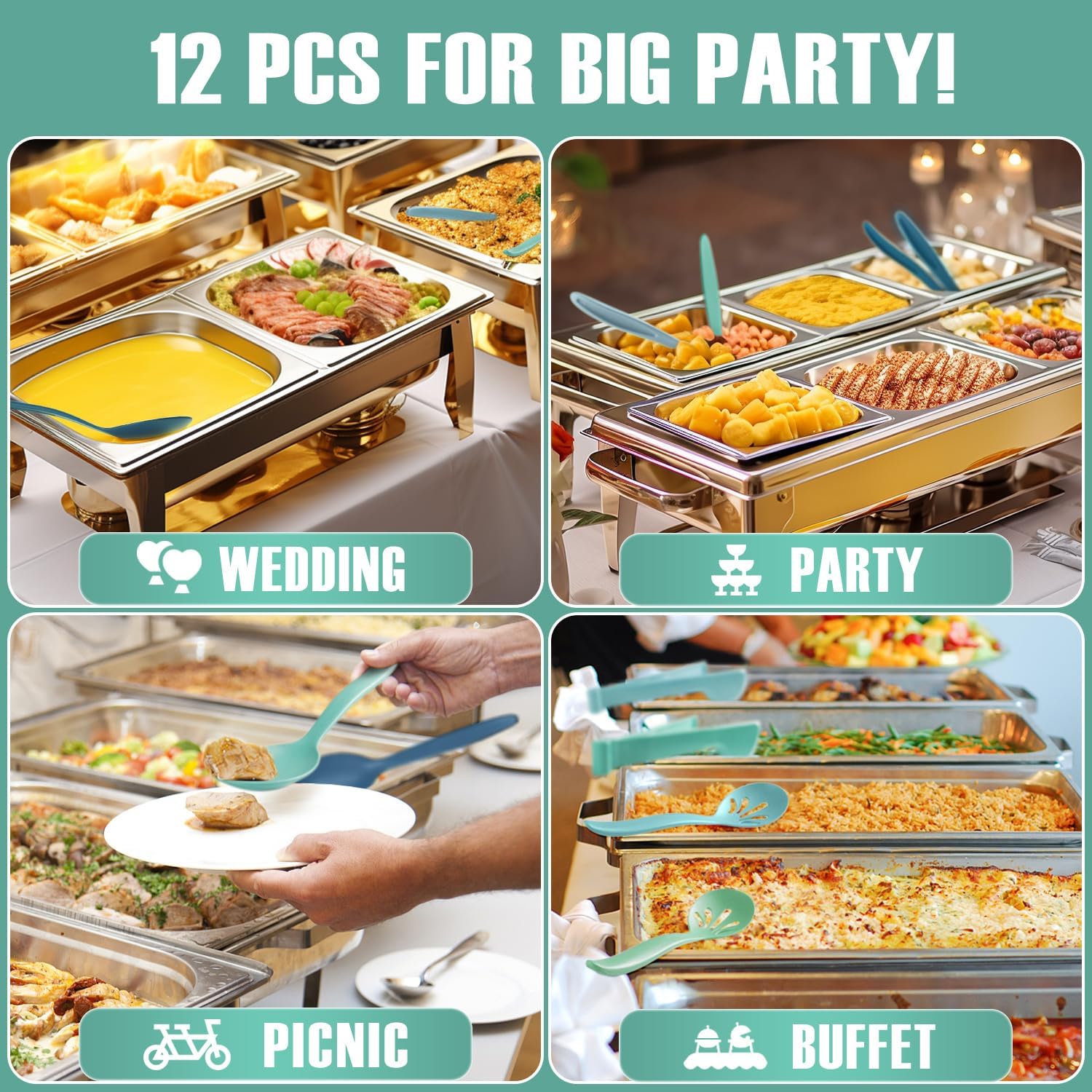 Reusable Plastic Serving Utensils Set of 12, Wheat straw Large Serving set 10" Serving Spoons/10" Slotted Spoons/9.4" Tongs, for Party Buffet Catering (Ocean, Not for Cooking) - Image 8