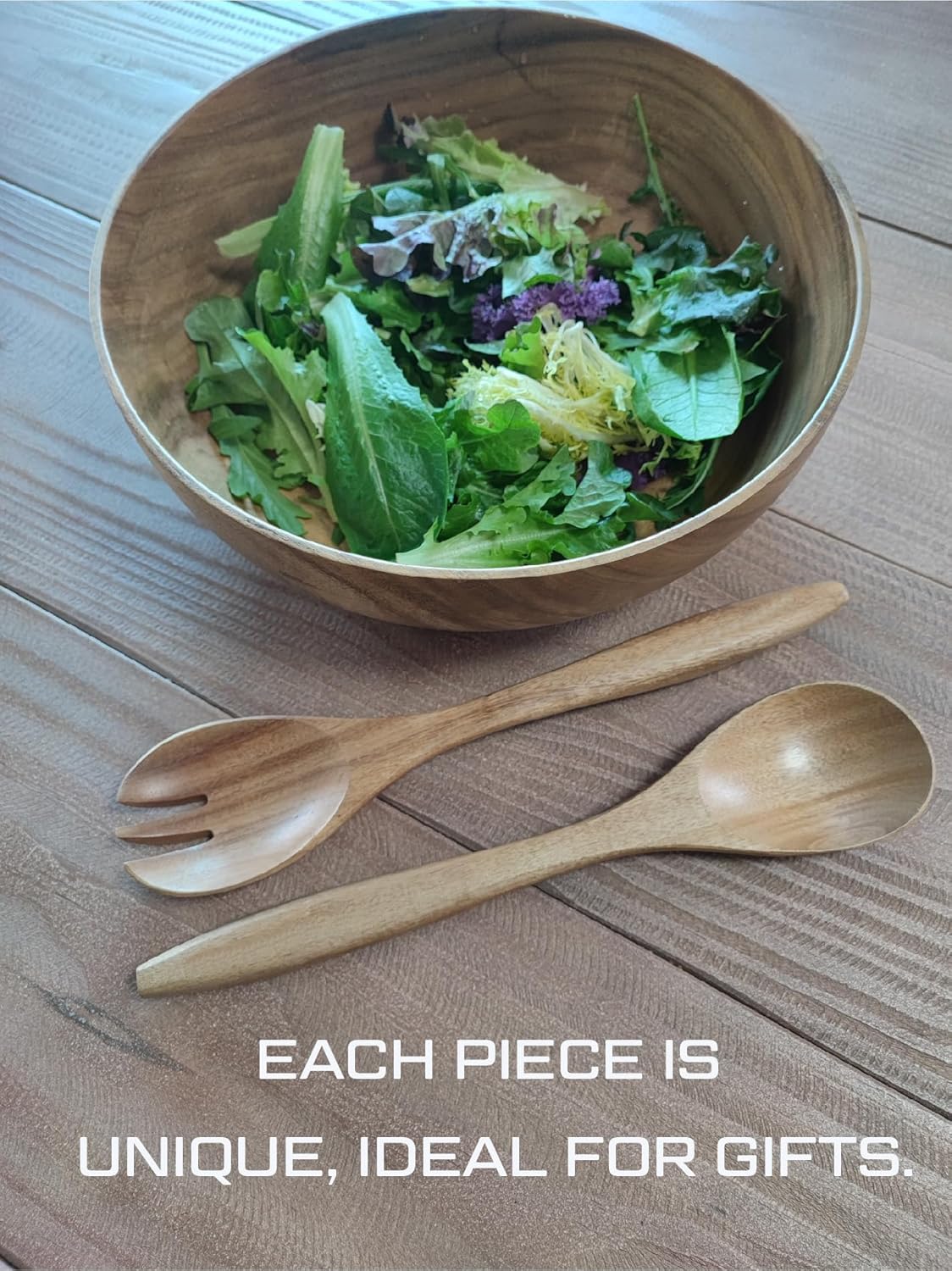 11.5 inches Acacia Wood Salad Bowl Set with 1 set spoon and fork, in a gift box, made from one pc solid acacia wood, made in Vietnam. - Image 6