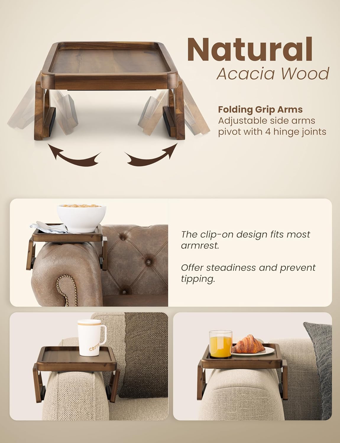Tinamo Acacia Sofa Arm Tray, Rectangle Couch Armrest Table - Couch Accessories, Armchair Caddy, Clip on Tray for Home Sofa Living Room, Sofa Arm Table (Walnut, 13.75" D x 9.5" W x 1" H) - Image 5