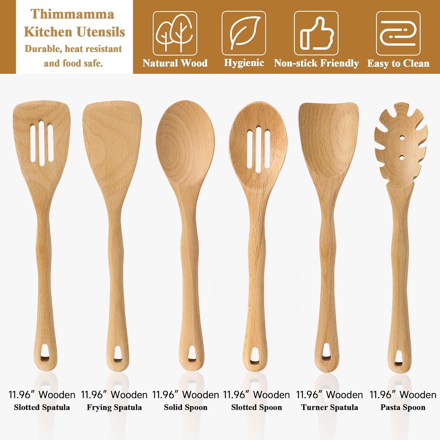 Wooden Spatula Set, 6 Pack Kitchen Wood Slotted Spoon Spatulas Turner Utensils for Cooking, Non Toxic Solid Wooden Spatulas Natural Wood Serving Spoons Spaghetti Utensil Set for Nonstick Cookware - Image 7