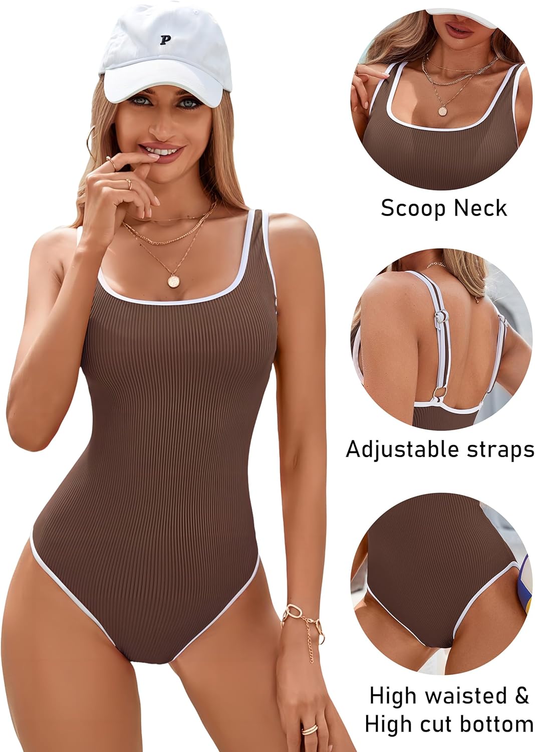 BMJL Women's One Piece Swimsuit Sports Adjustable Strap Bathing Suit Color Block Ribbed High Cut Swimsuits - Image 3