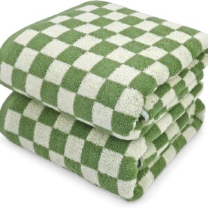 Jacquotha Bath Towels Set of 2 – Luxury Cotton Bathroom Shower Towels Body 55” x 27.5” Absorbent, Quick Dry, 520GSM, Green Checkered Home Decor