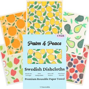 Palm & Peace Swedish Dishcloths for Kitchen – 5 Pack – Reusable Paper Towels with Clips – Super Absorbent, Non-Scratch, Washable, Sustainable, 100% Compostable Cleaning Cloths (Juicy Fruit)