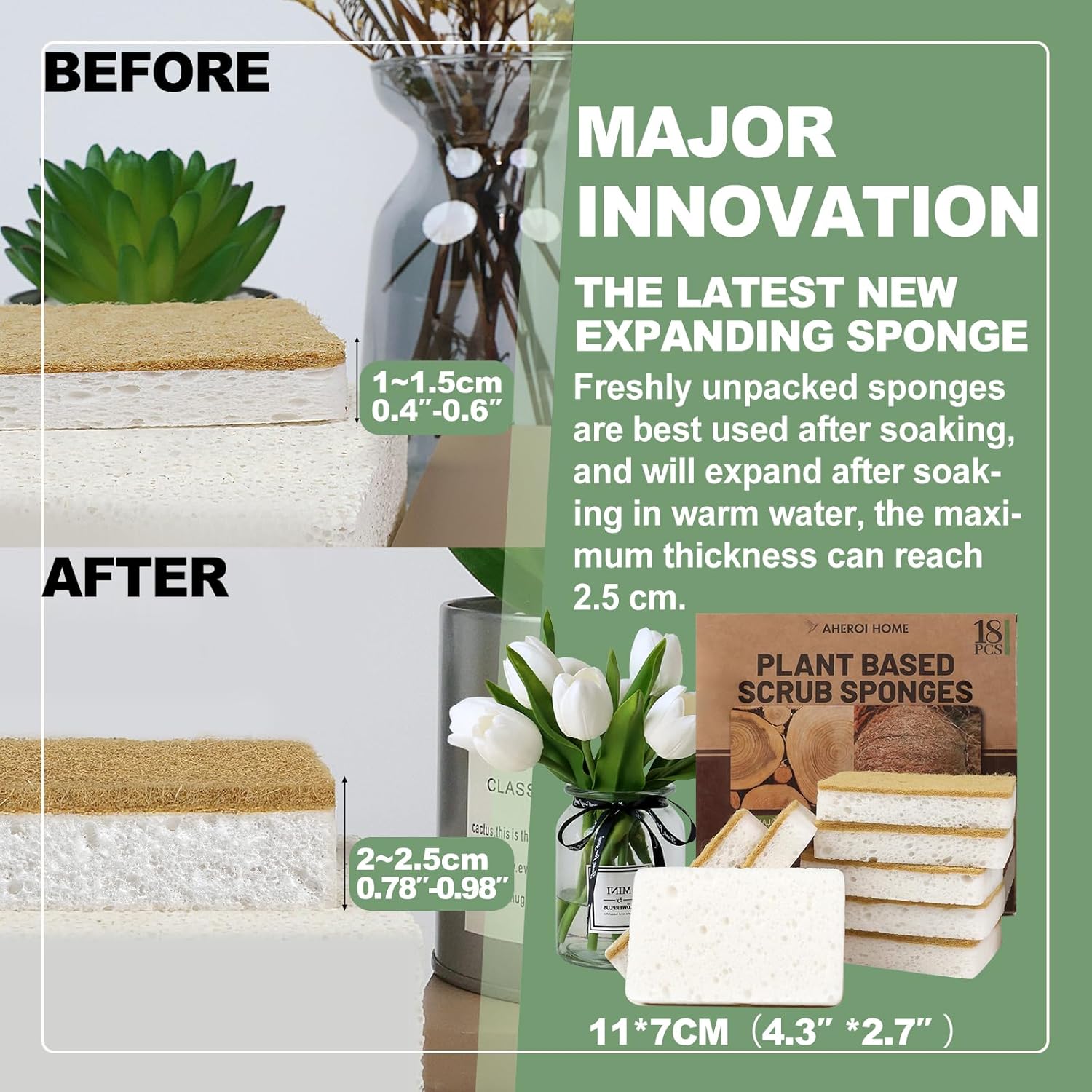 Aheroi Natural Dish Sponge, 18 Count Plant-Based Biodegradable Kitchen Sponges for Dishes, Compostable Eco Friendly Sponges, Organic Cleaning Sponge Dish Scrubber Products for Household, Non Scratch - Image 3