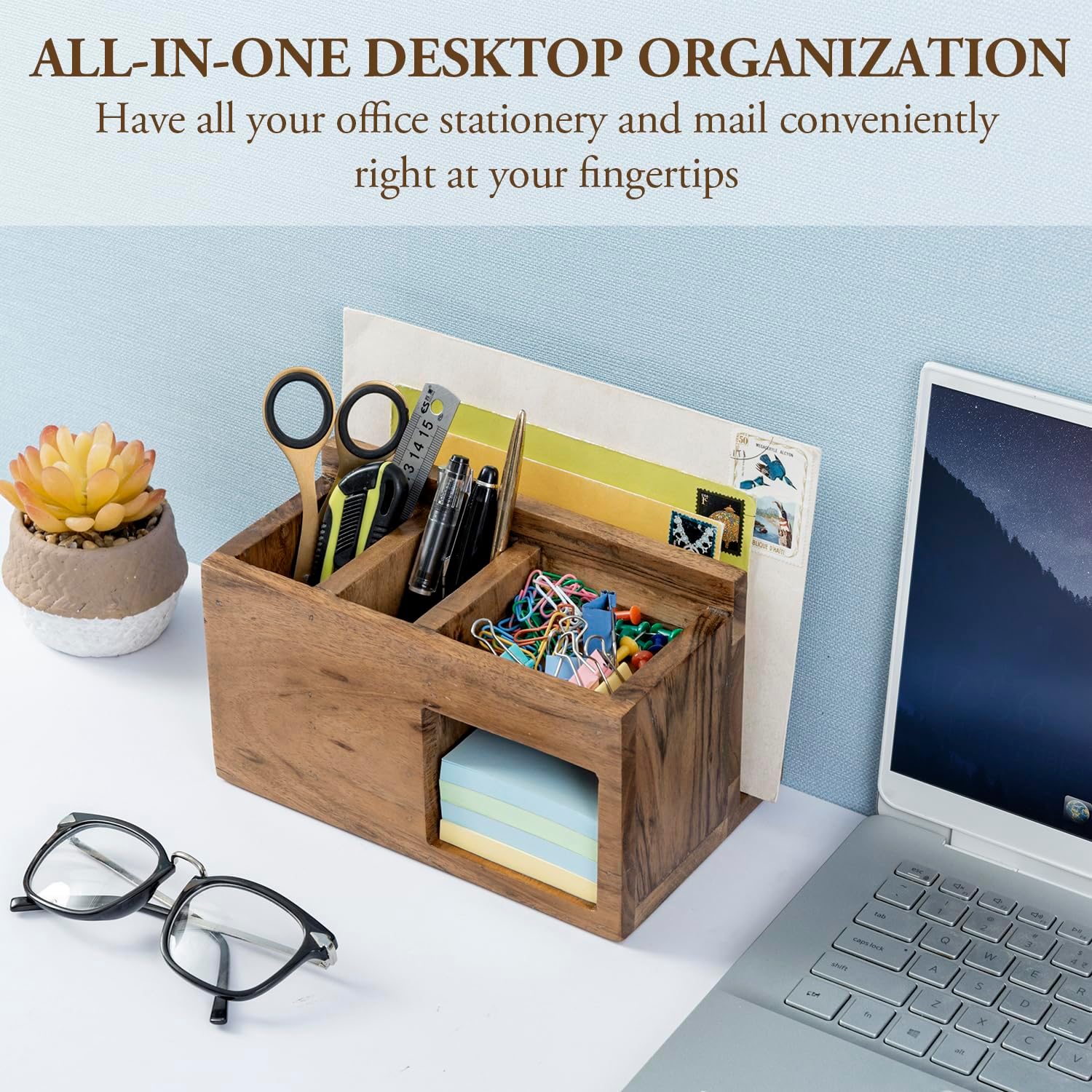 MyGift Rustic Solid Acacia Wood Office Desktop Stationery Organizer, Desk Caddy with Mail Slot, 2 Pen Holders, Sticky Note Storage, and Supplies Tray - Handcrafted in India - Image 4
