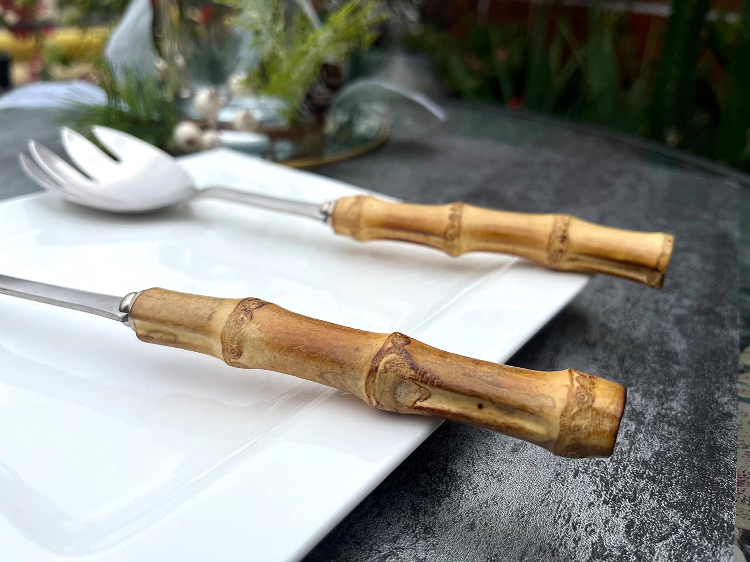 Nature Real Bamboo Handle Serving Set 10 inch Salad Spoon and fork 2-Piece Set Stainless Steel 18/10 Kitchen Utensils Matte Silver - Image 6
