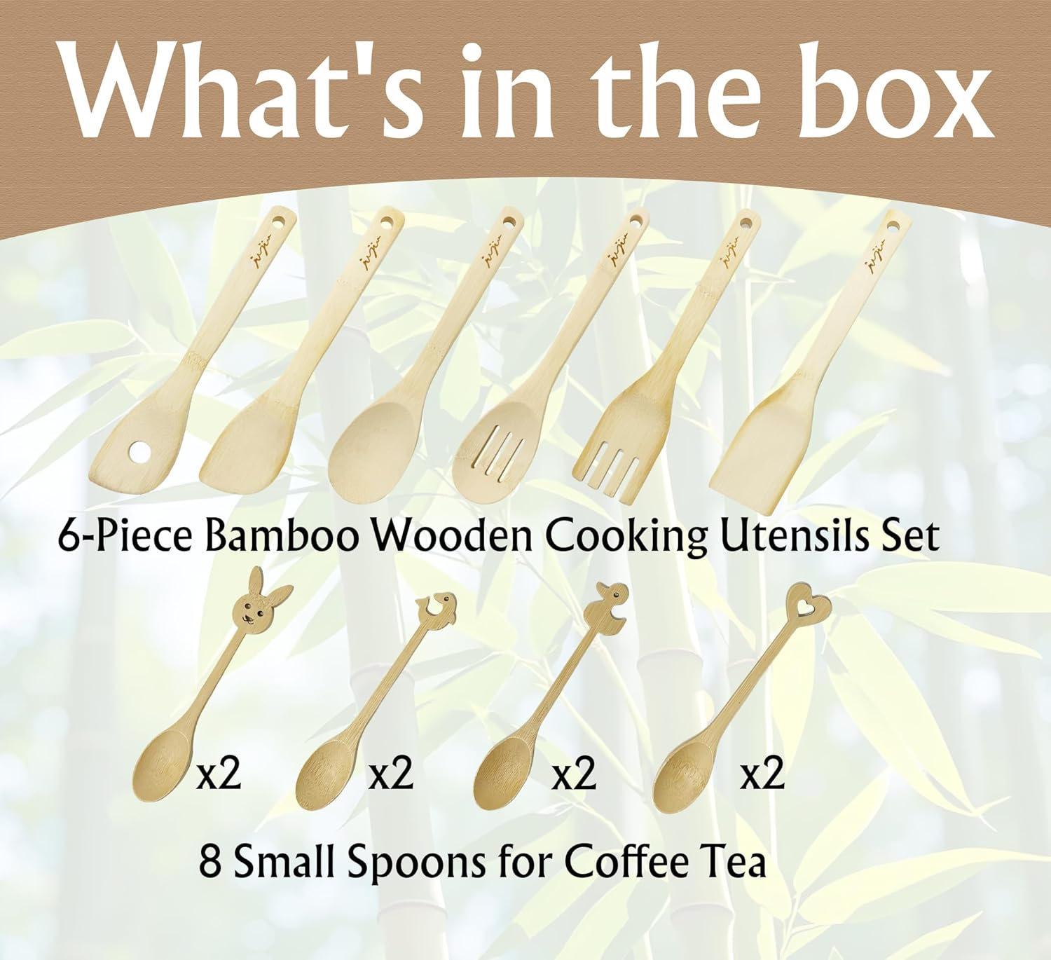 14-Piece Bamboo Wooden Kitchen Utensil Set - 6 Non-Scratch Heat-Resistant Cooking Tools with Storage Holes + 8 Small Spoons for Coffee, Tea, Eco-Friendly Sustainable Kitchen Gift Set - Image 7
