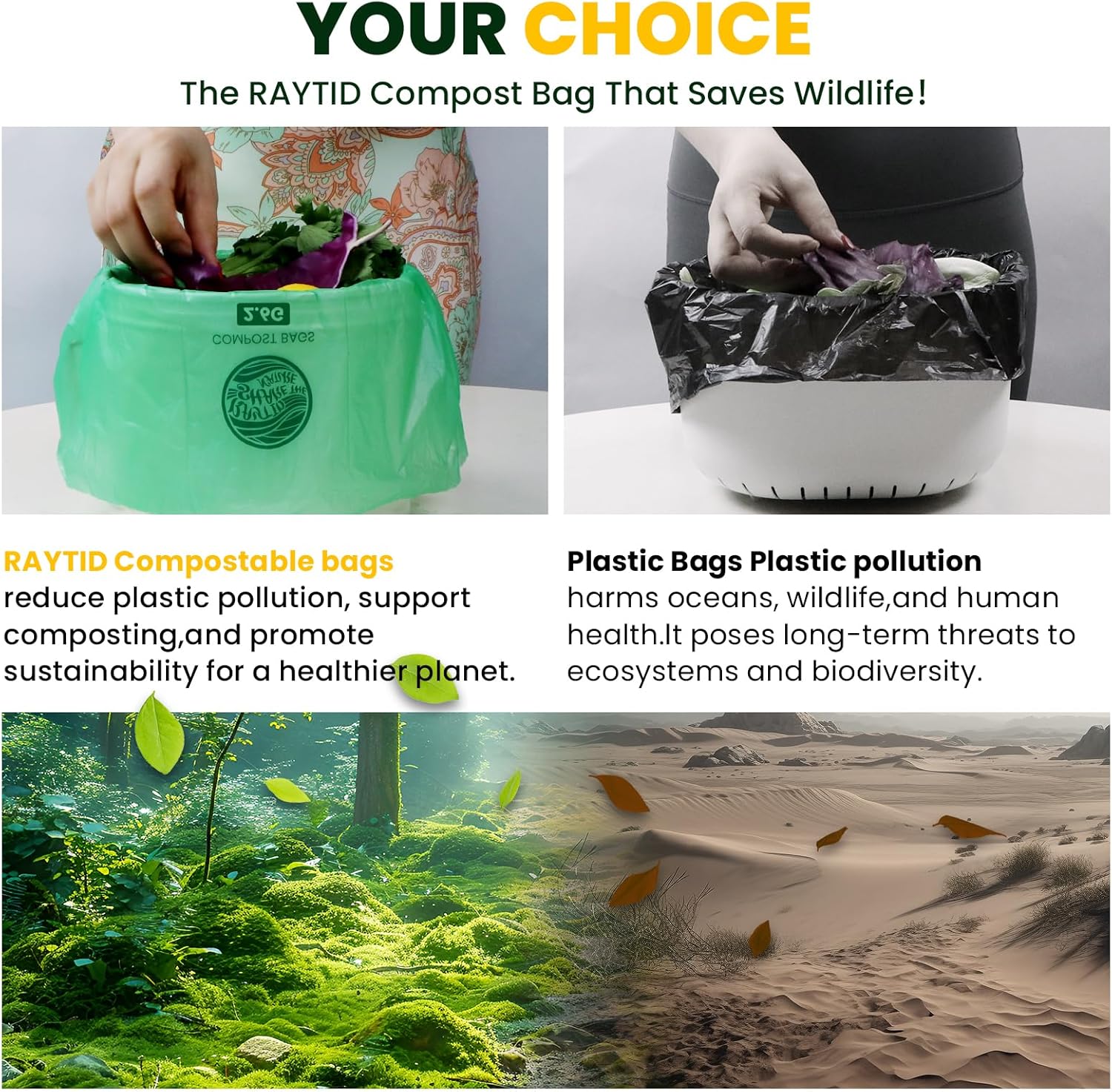 RAYTID Compostable trash Bags 2.6 Gallon Compost Bags for Kitchen Countertop Bin 1.3,2,3, Gallon, 120 Count,Small Kitchen Food Scrap Waste Bags,ASTM D6400, US BPI & Europe OK Compost Home Certified - Image 7